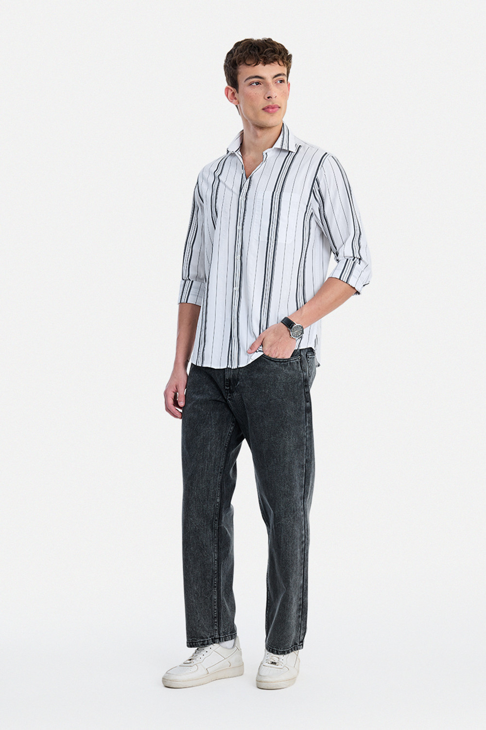 Image of Snitch Men Striped Casual White Shirt