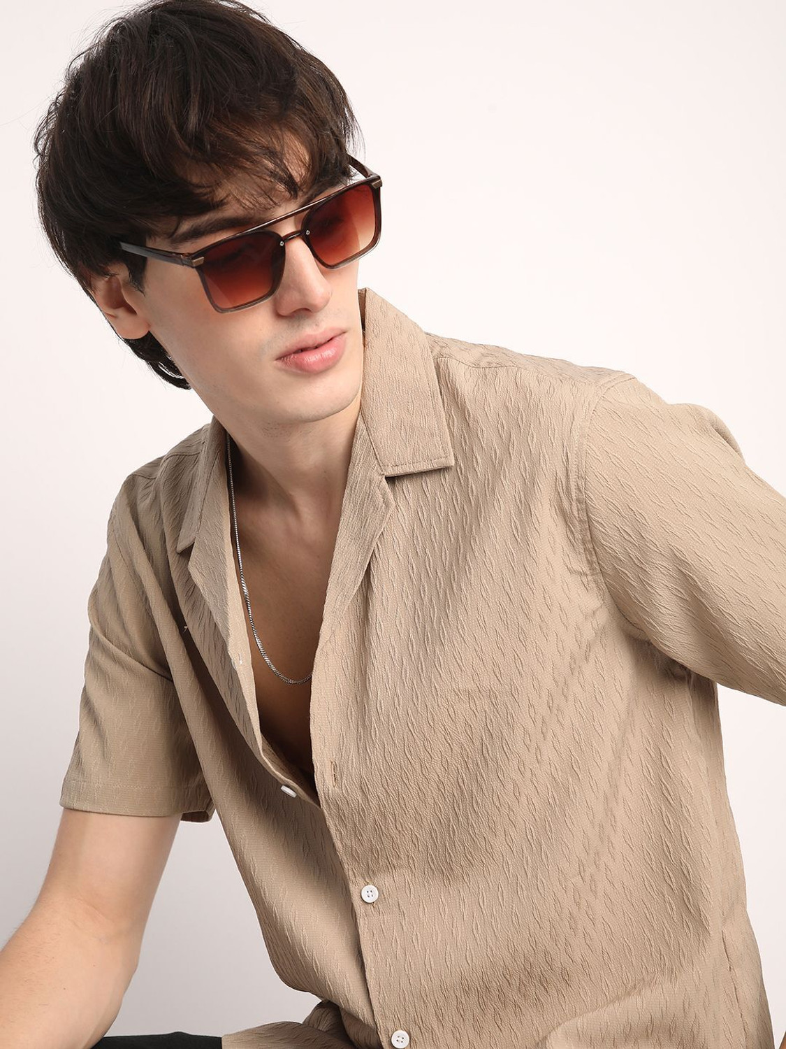 Image of Voroxy Men Self Design Casual Khaki Shirt