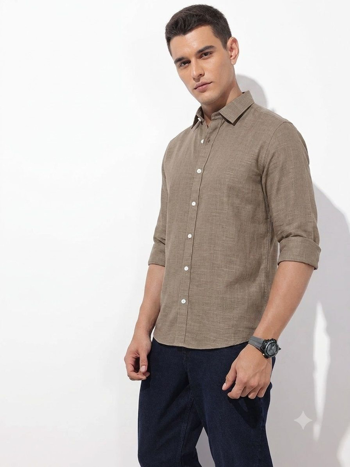 Image of METRONAUT Men Solid Casual Beige Shirt