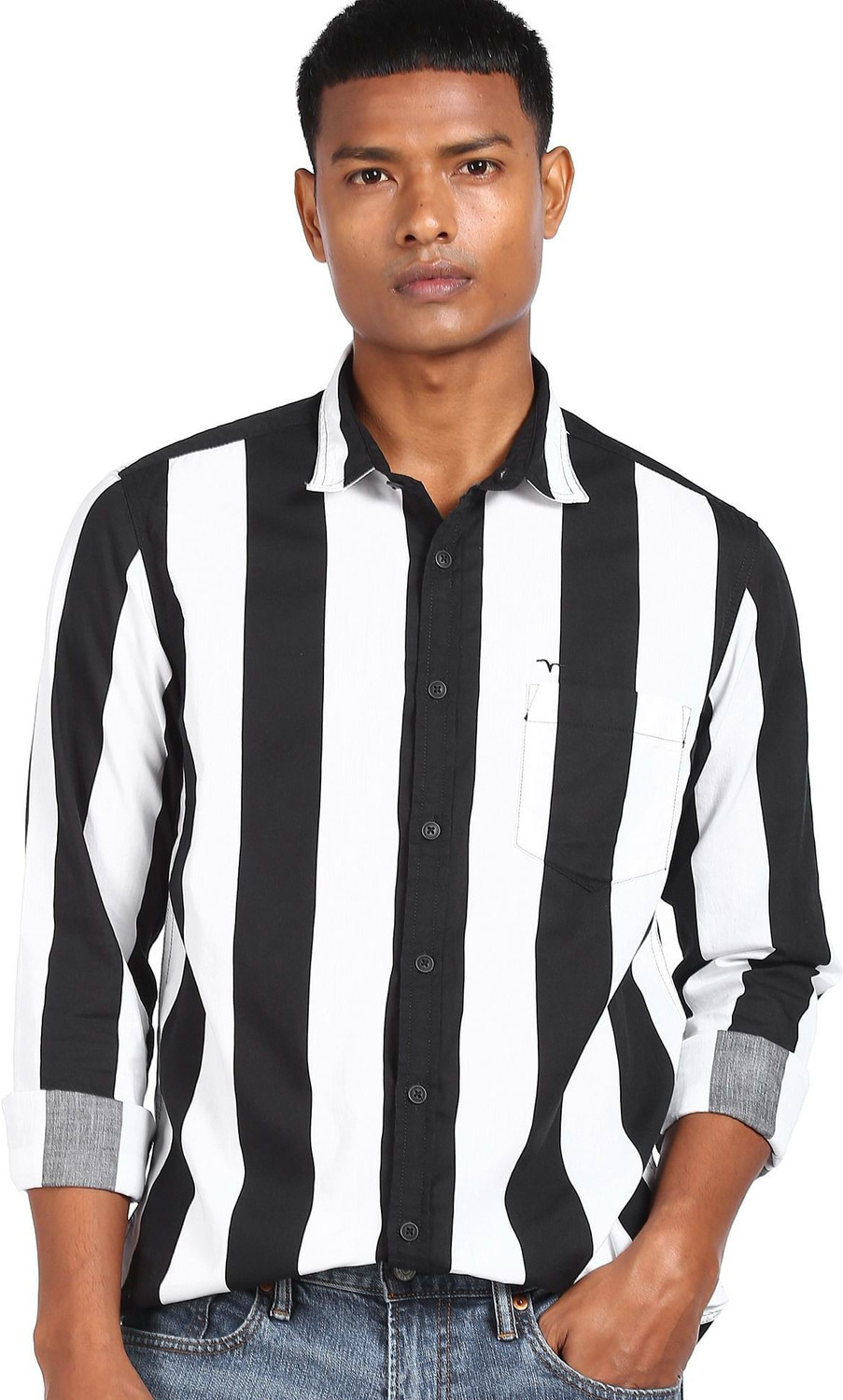 Image of FLYING MACHINE Men Striped Casual Black Shirt