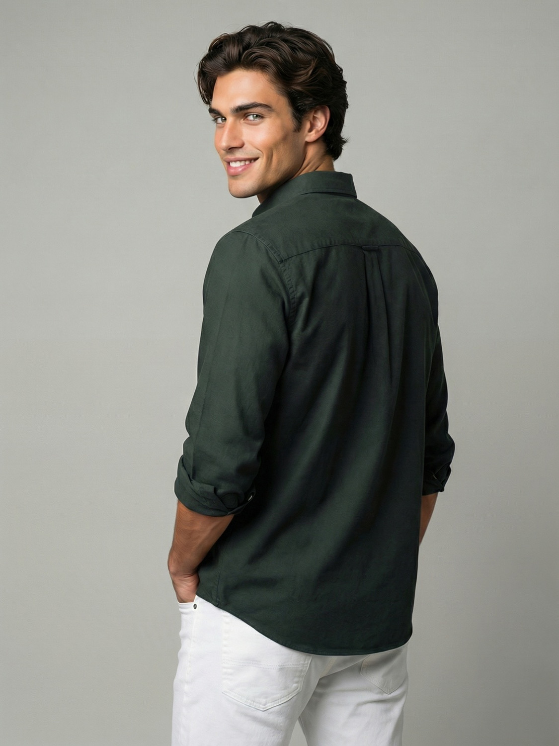 Image of Urbano Fashion Men Solid Casual Dark Green Shirt