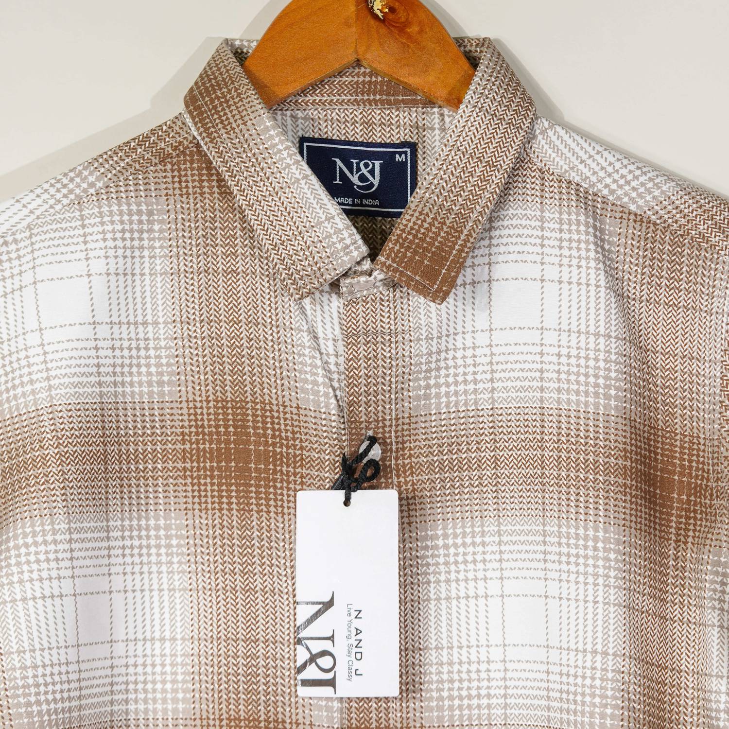 N AND J Men Checkered Casual Brown, White Shirt - Image 2