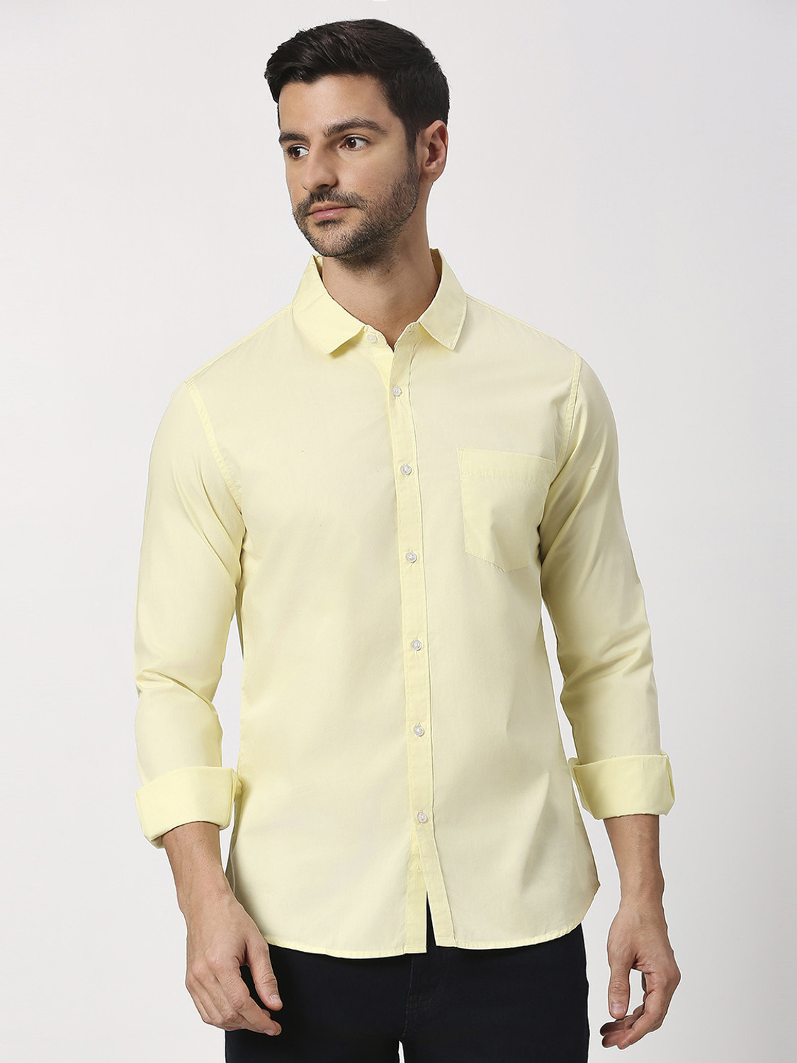 Image of NADASM Men Solid Casual Yellow Shirt