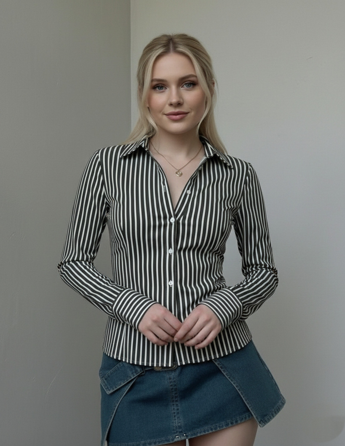 Image of PERFECT PRODUCTIONS Women Striped Formal Grey Shirt