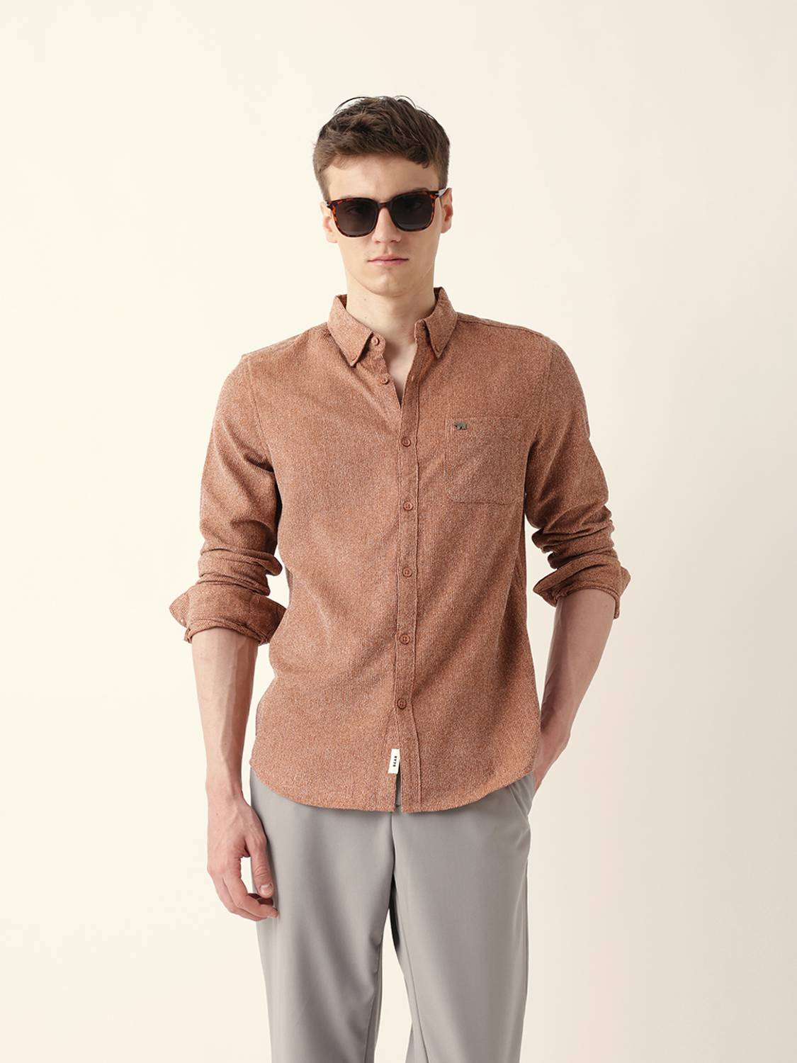 THE BEAR HOUSE Men Self Design Casual Brown Shirt