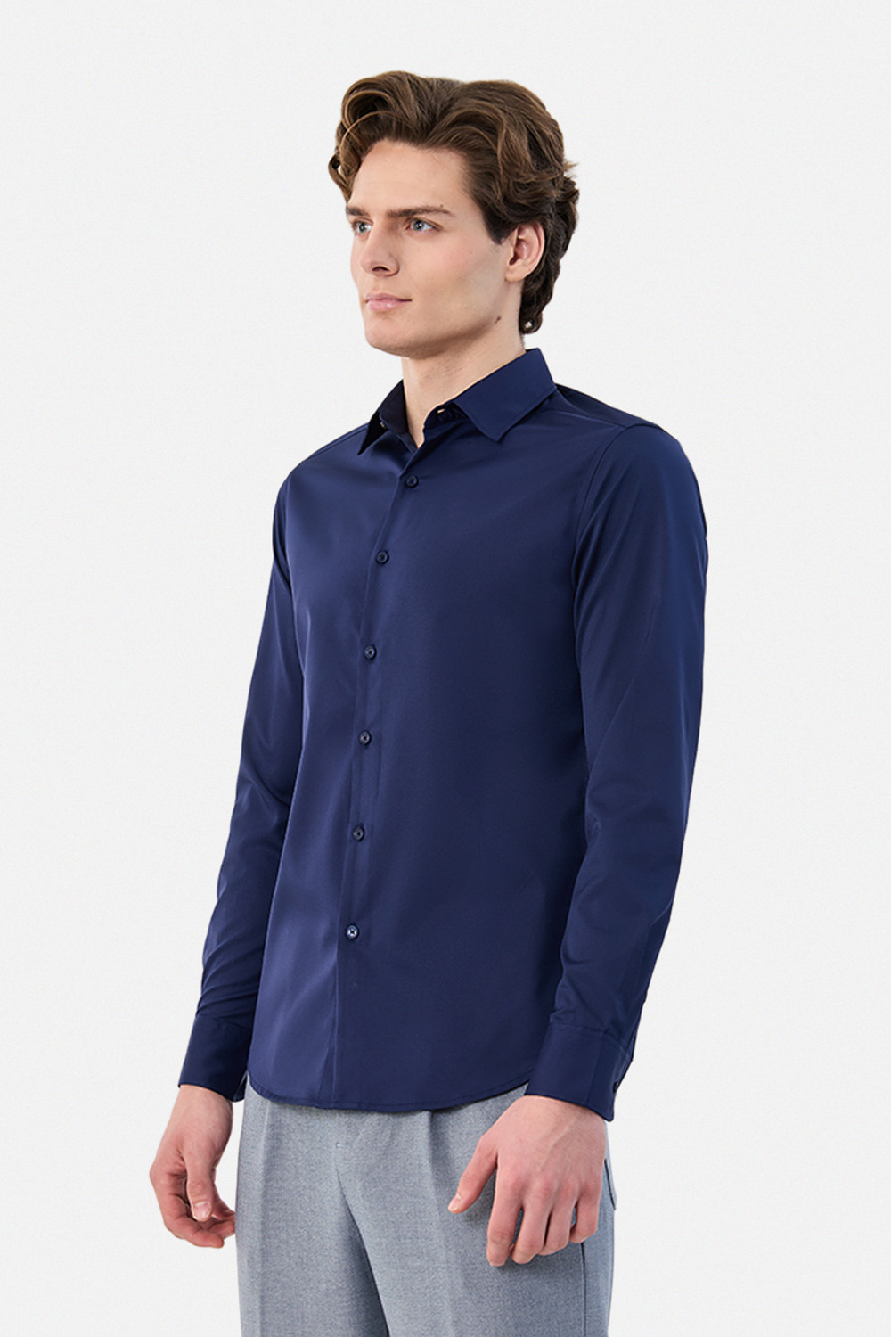 Image of Snitch Men Solid Casual Dark Blue Shirt