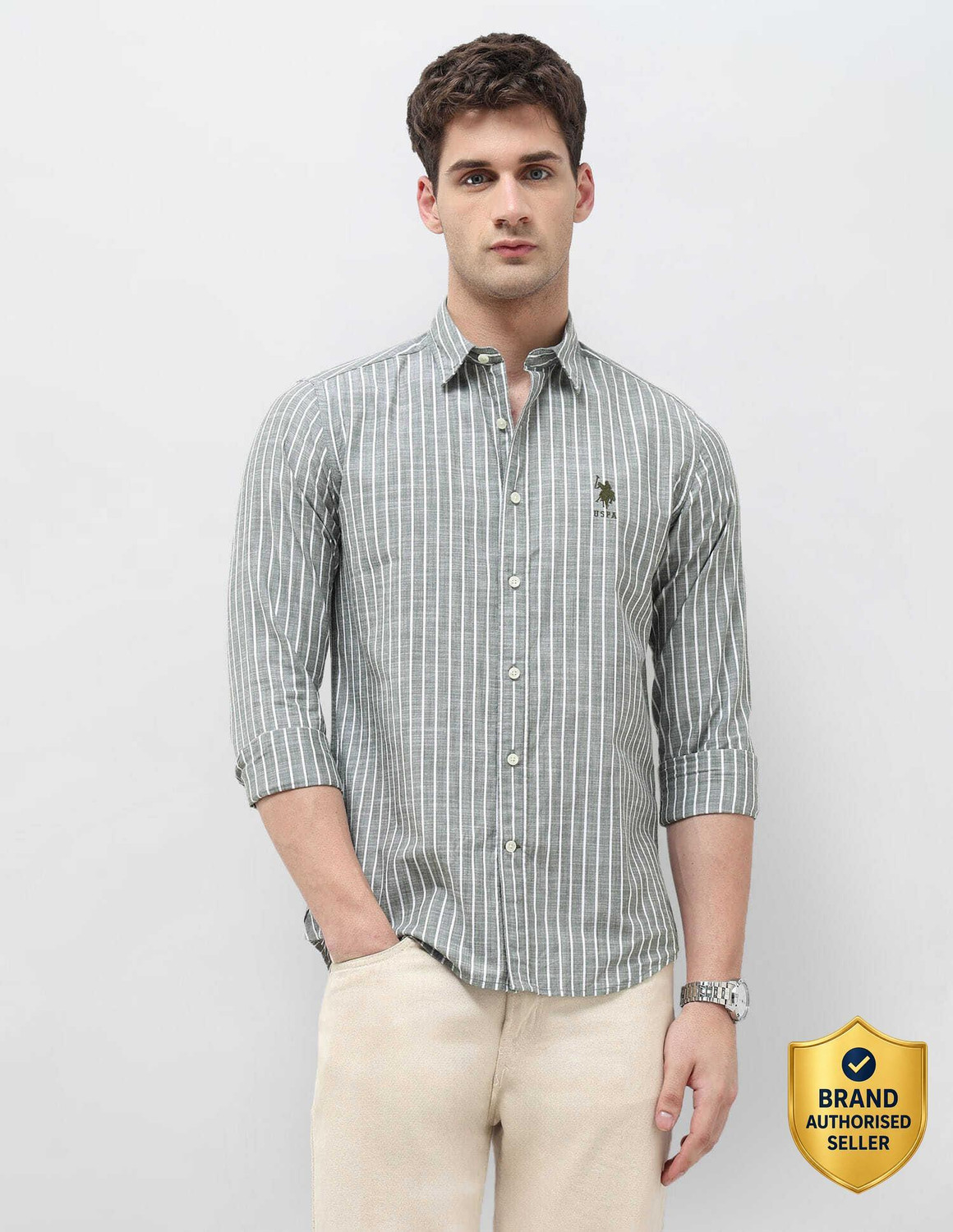 Image of U.S. Polo Assn. Denim Co. Men Striped Casual Green Shirt
