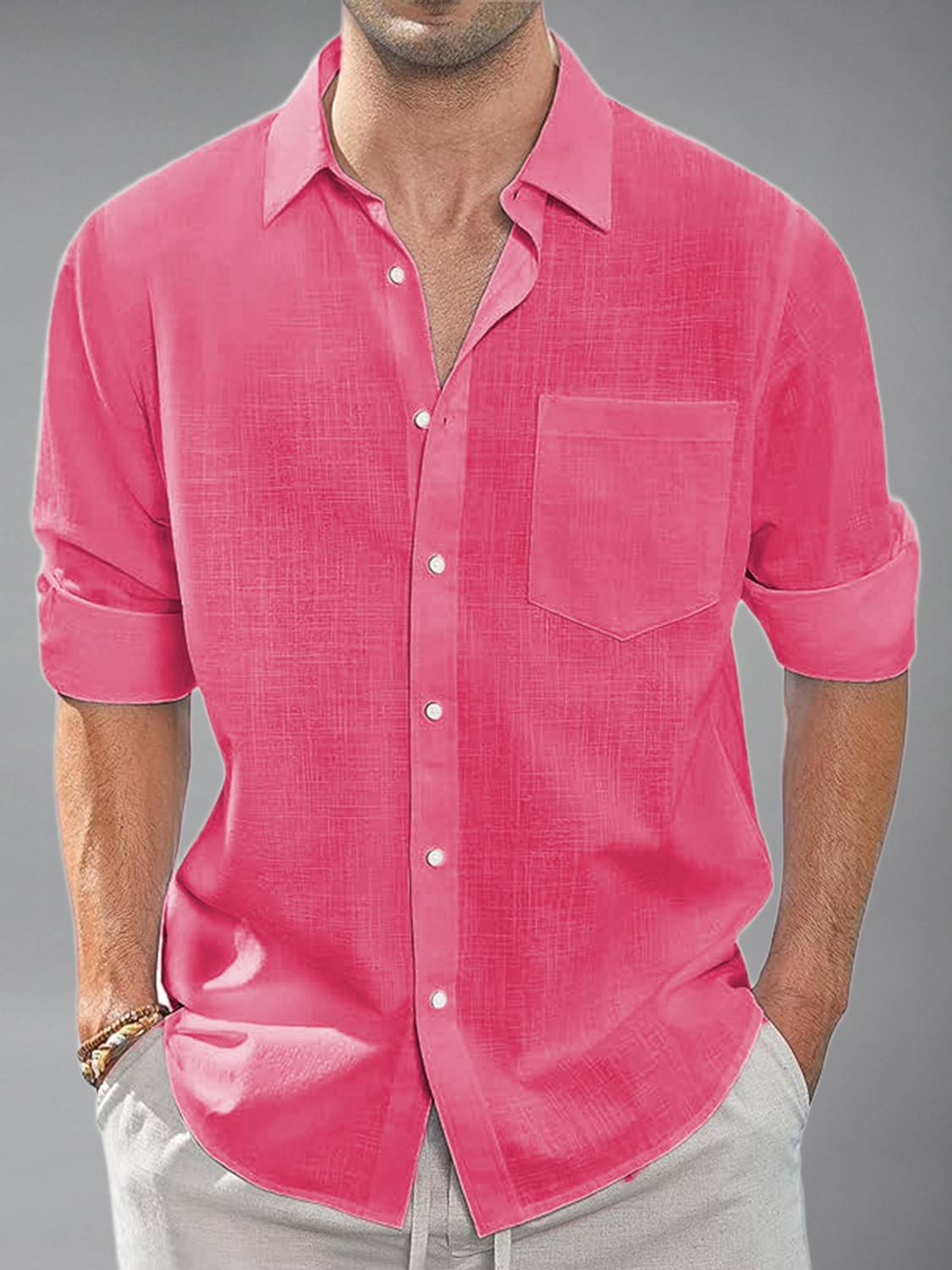 Vida Loca Men Solid Casual Pink Shirt - Image 3