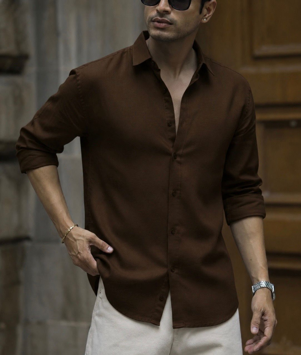 Image of JACKBELLA Men Solid Casual Brown Shirt