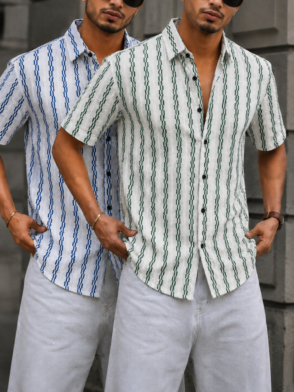 Image of VINTHON Men Striped Casual Blue, Green Shirt