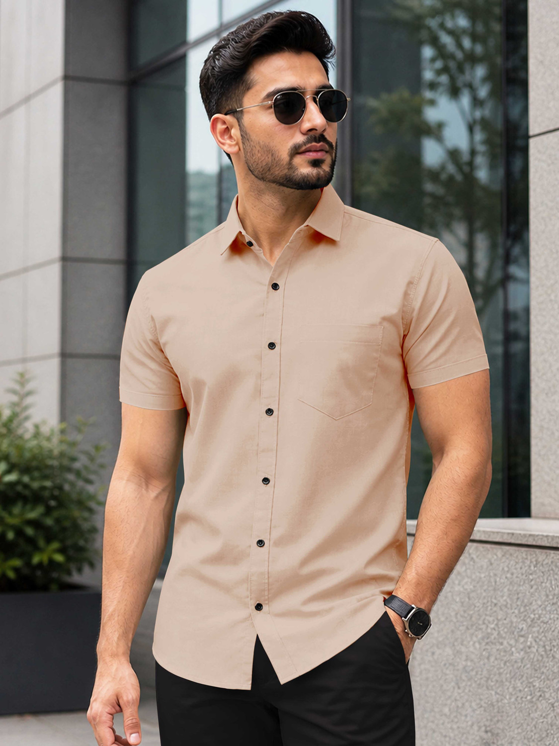 Image of VeBNoR Men Solid Casual Beige Shirt