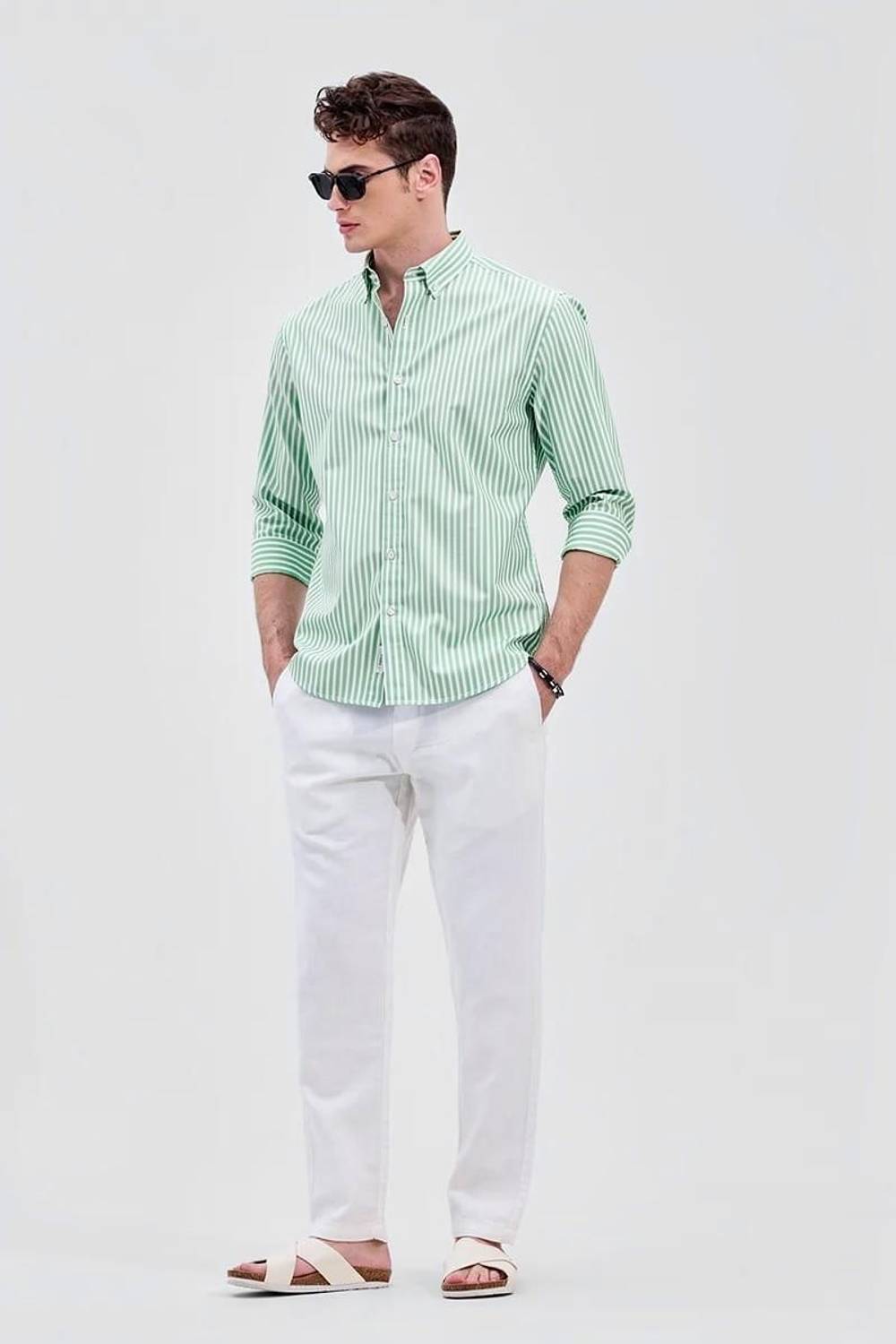 RODEIZ Men Green, White Striped Casual Shirt - Image 3