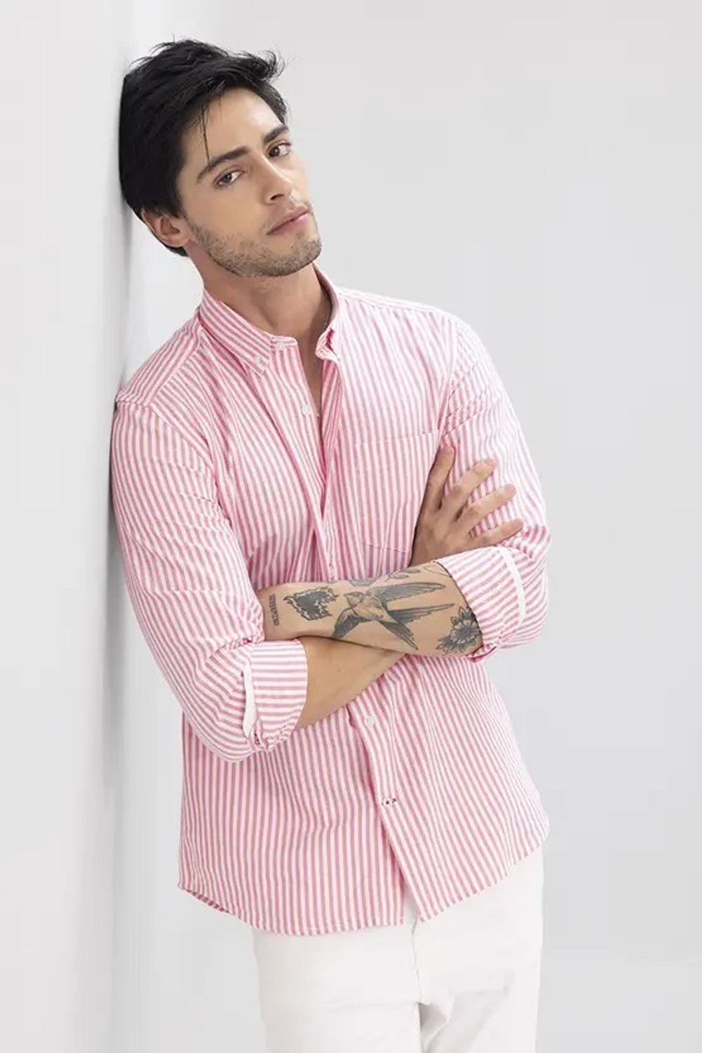 Image of positive vibes Men Striped Casual Pink, White Shirt