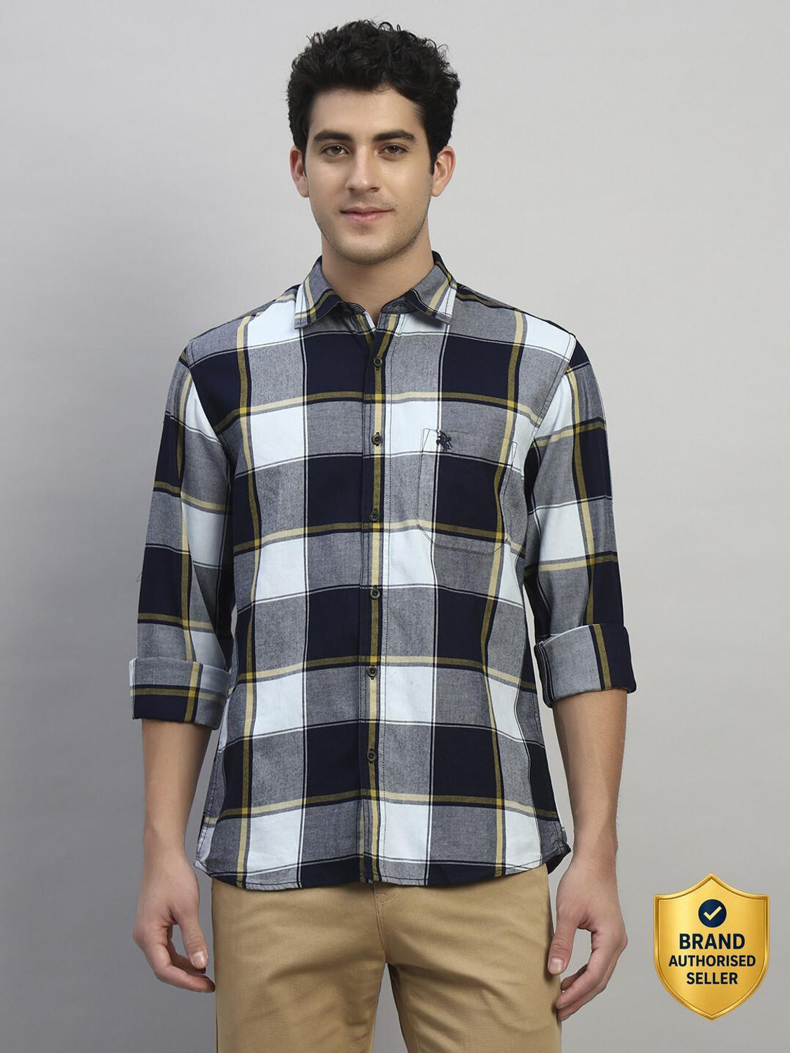 Image of CANTABIL Men Checkered Casual Dark Blue Shirt