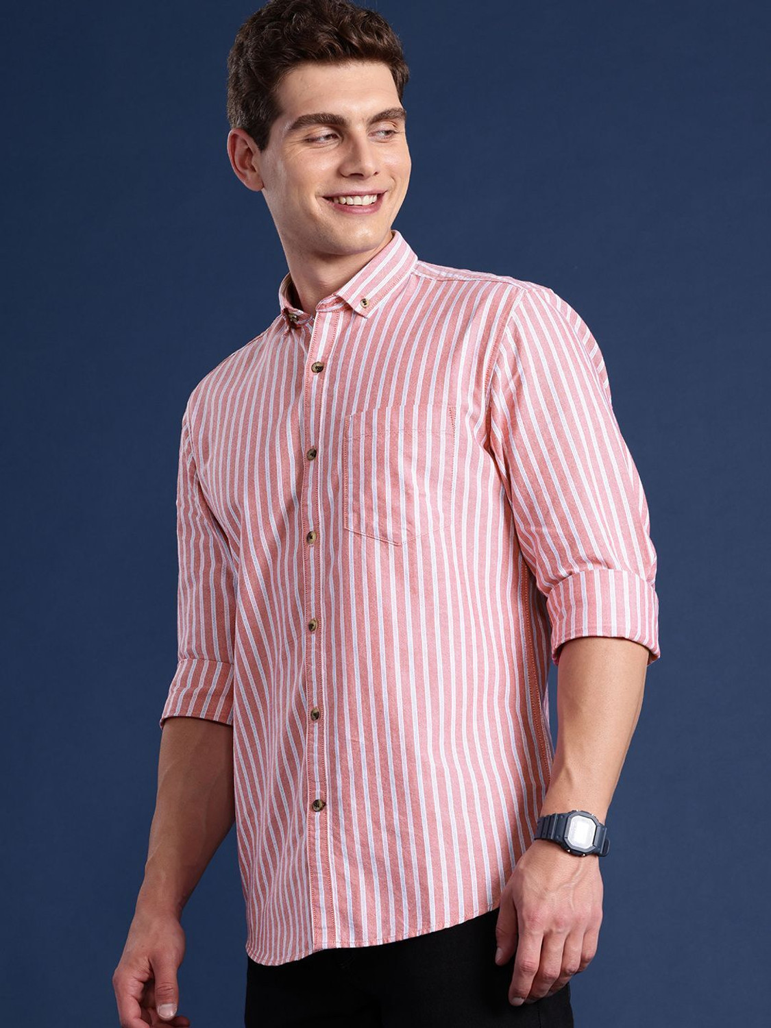 Image of Mast & Harbour Men Striped Casual Pink Shirt