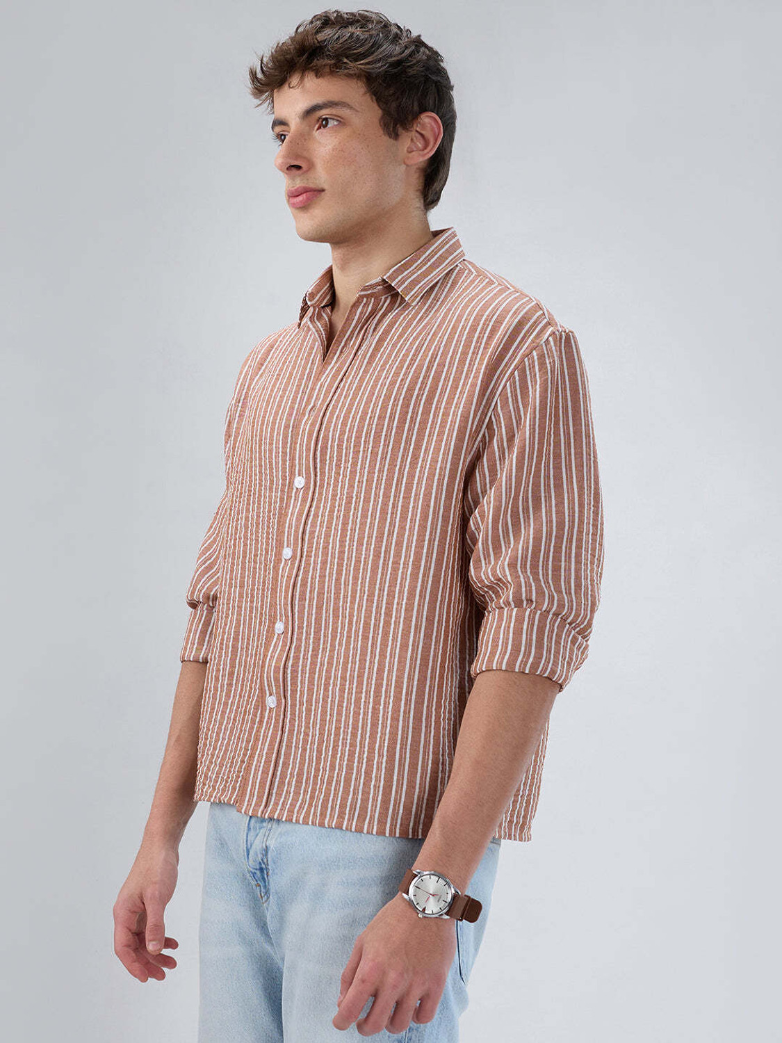 Image of VASTRADO Men Striped Casual Brown Shirt