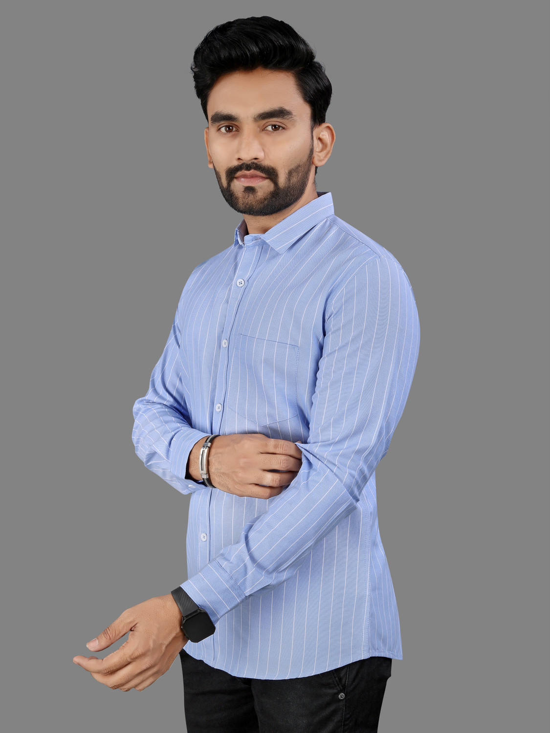 Image of MILDIN Men Striped Formal Light Blue Shirt