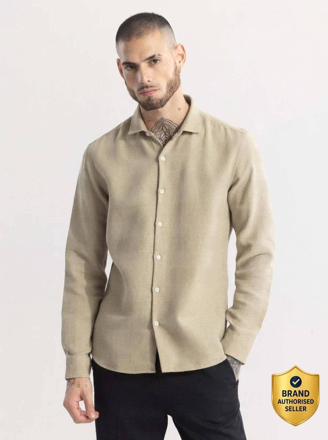 Snitch Men Self Design Casual Khaki Shirt