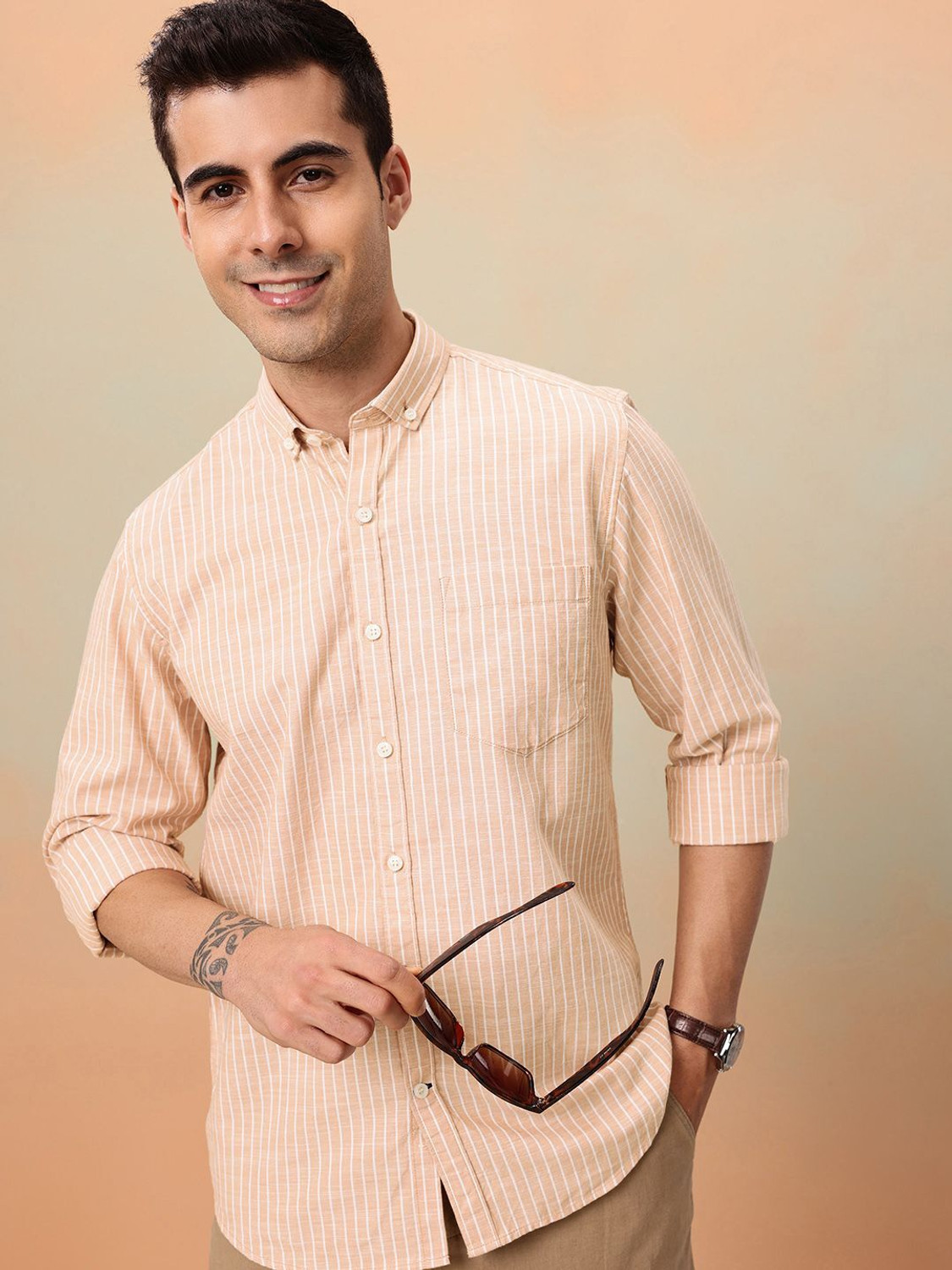 Image of Mast & Harbour Men Striped Casual Pink Shirt
