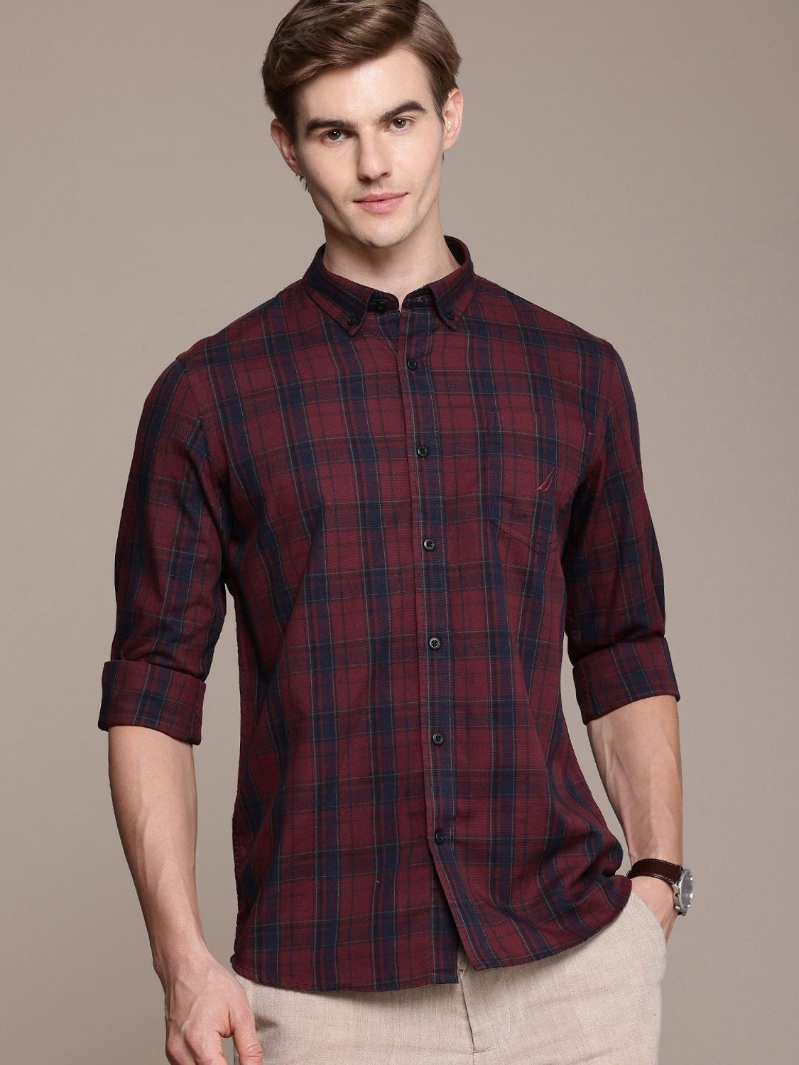 Image of NAUTICA Men Checkered Casual Maroon Shirt