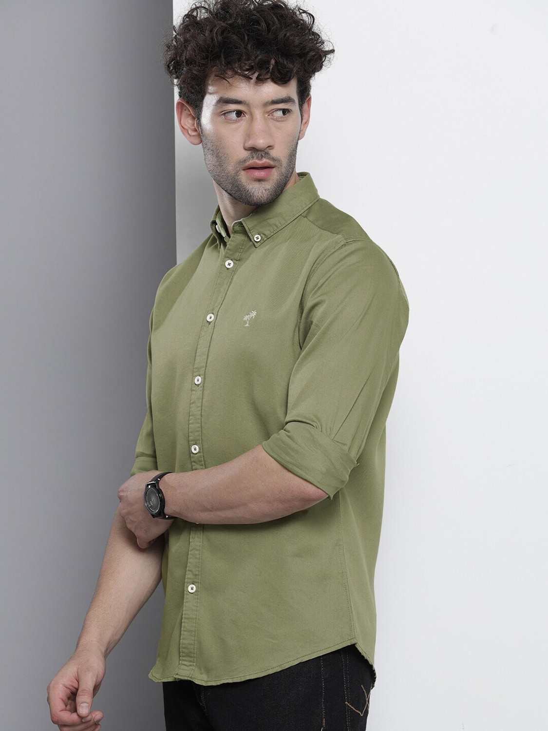 Image of The Indian Garage Co. Men Embroidered Casual Green Shirt