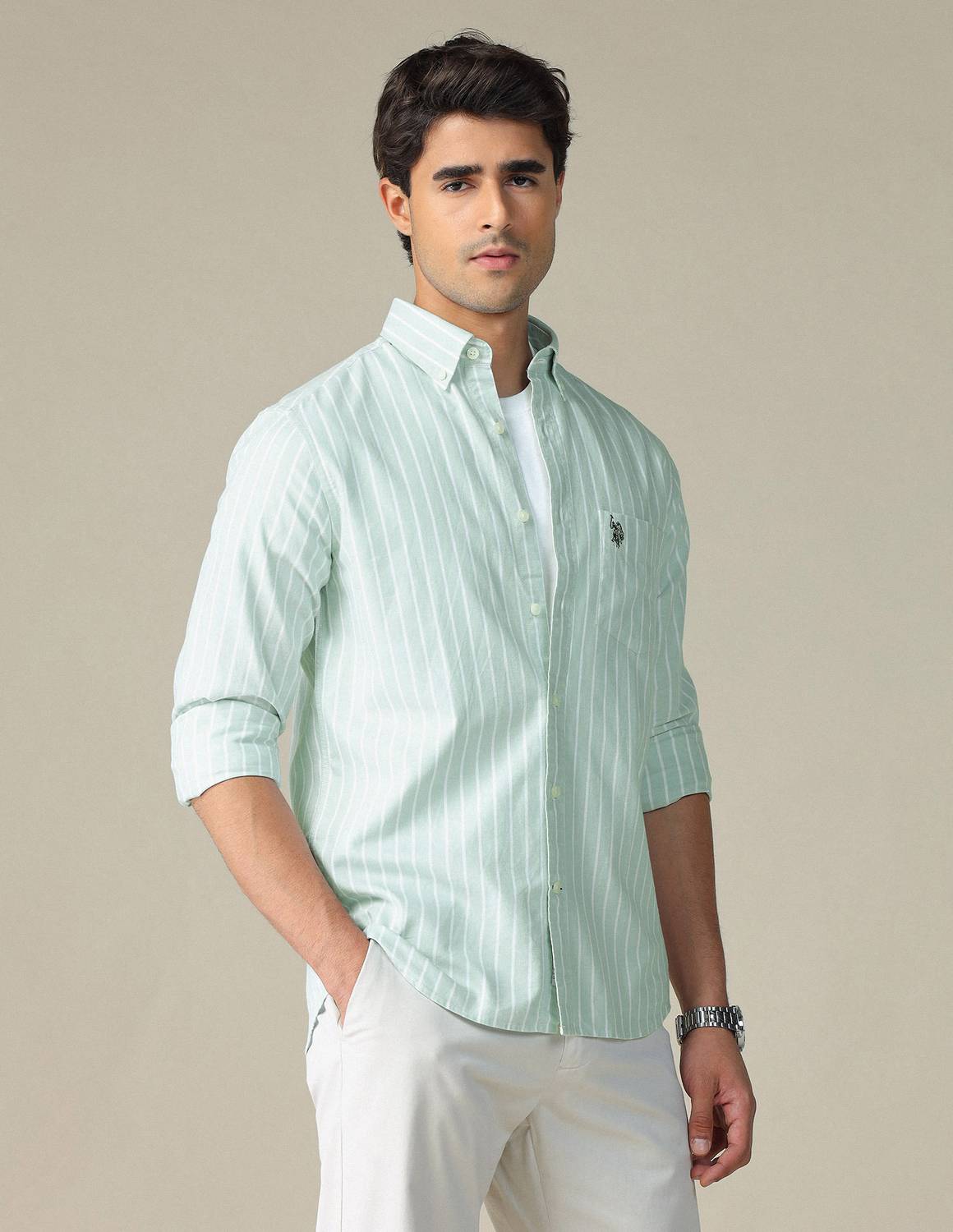 U.S. POLO ASSN. Men Green Striped Casual Shirt - Image 2