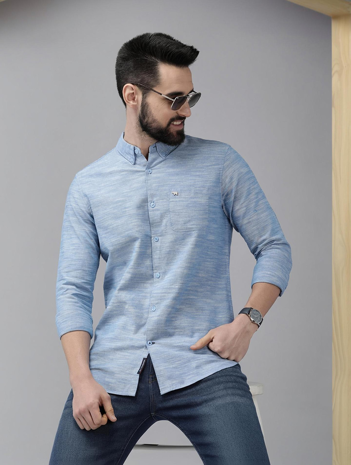 THE BEAR HOUSE Men Self Design Casual Blue Shirt