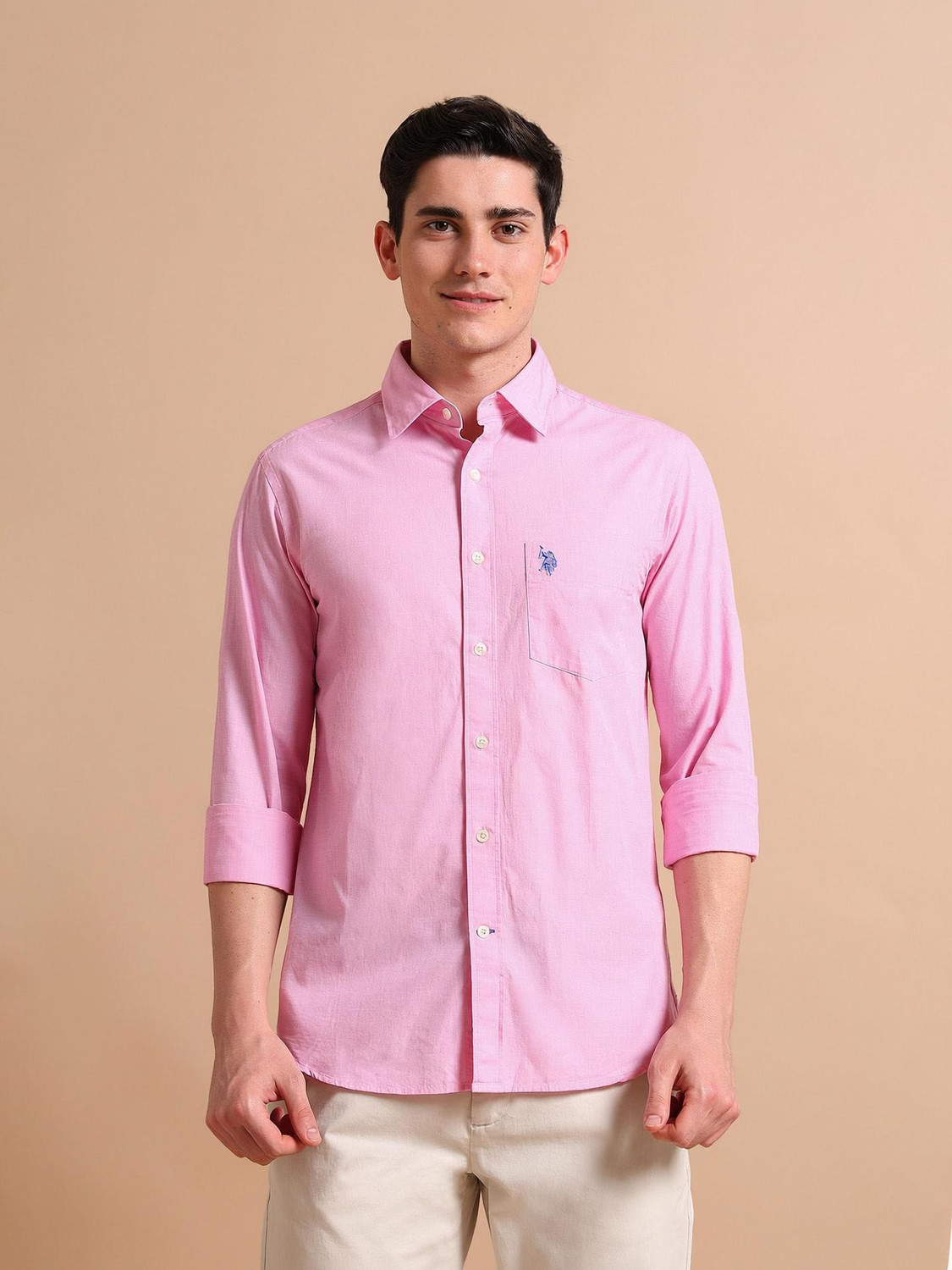 Image of U.S. POLO ASSN. Men Solid Casual Pink Shirt