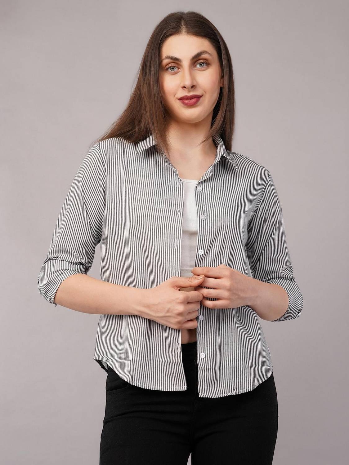 BNS Women Striped Casual Black Shirt