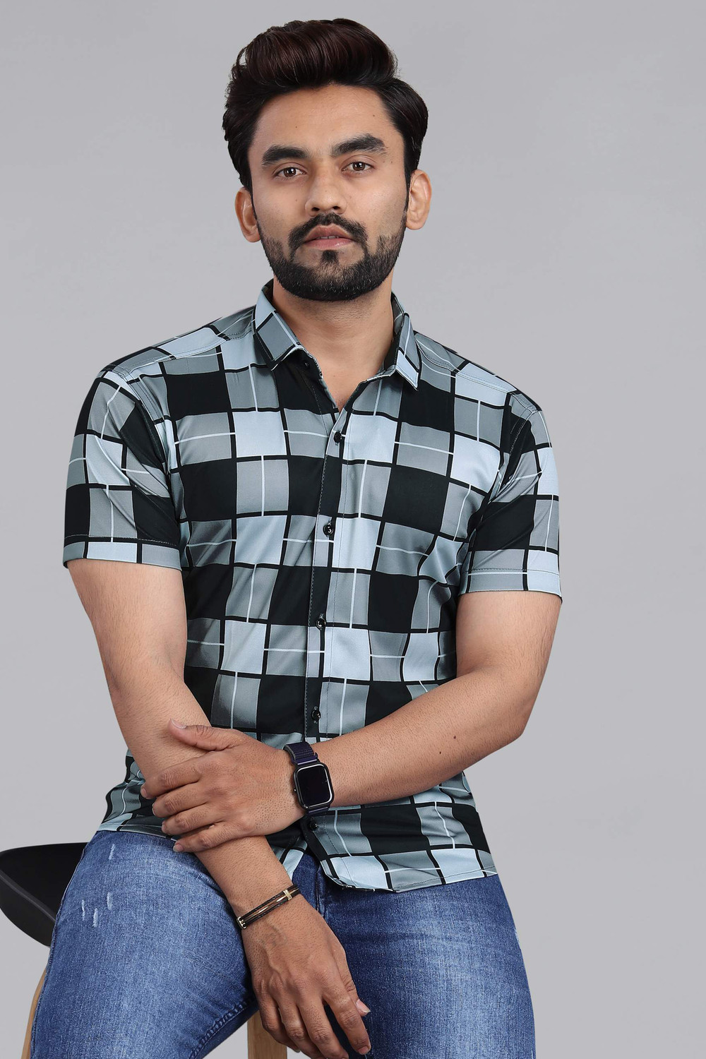 Image of DBEX Men Checkered Casual Black, Grey, Light Blue Shirt
