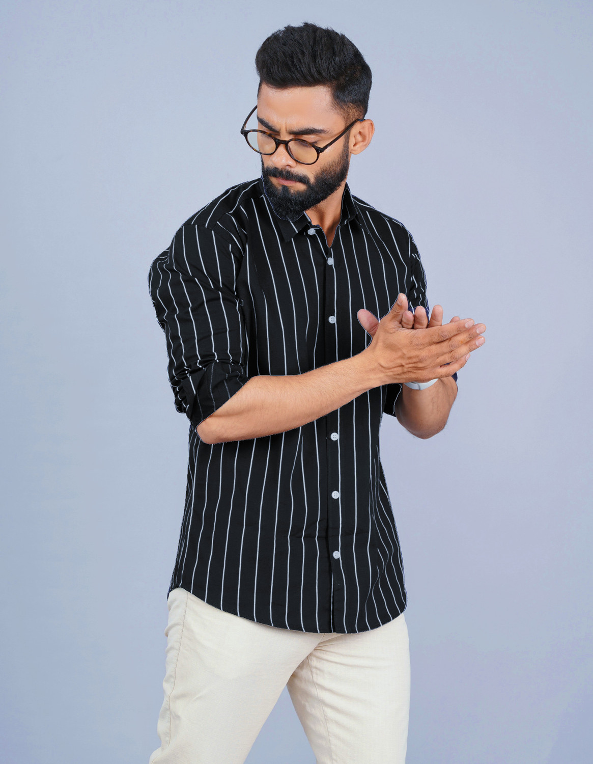 Image of HKV FASHION Men Striped Casual Black, White Shirt