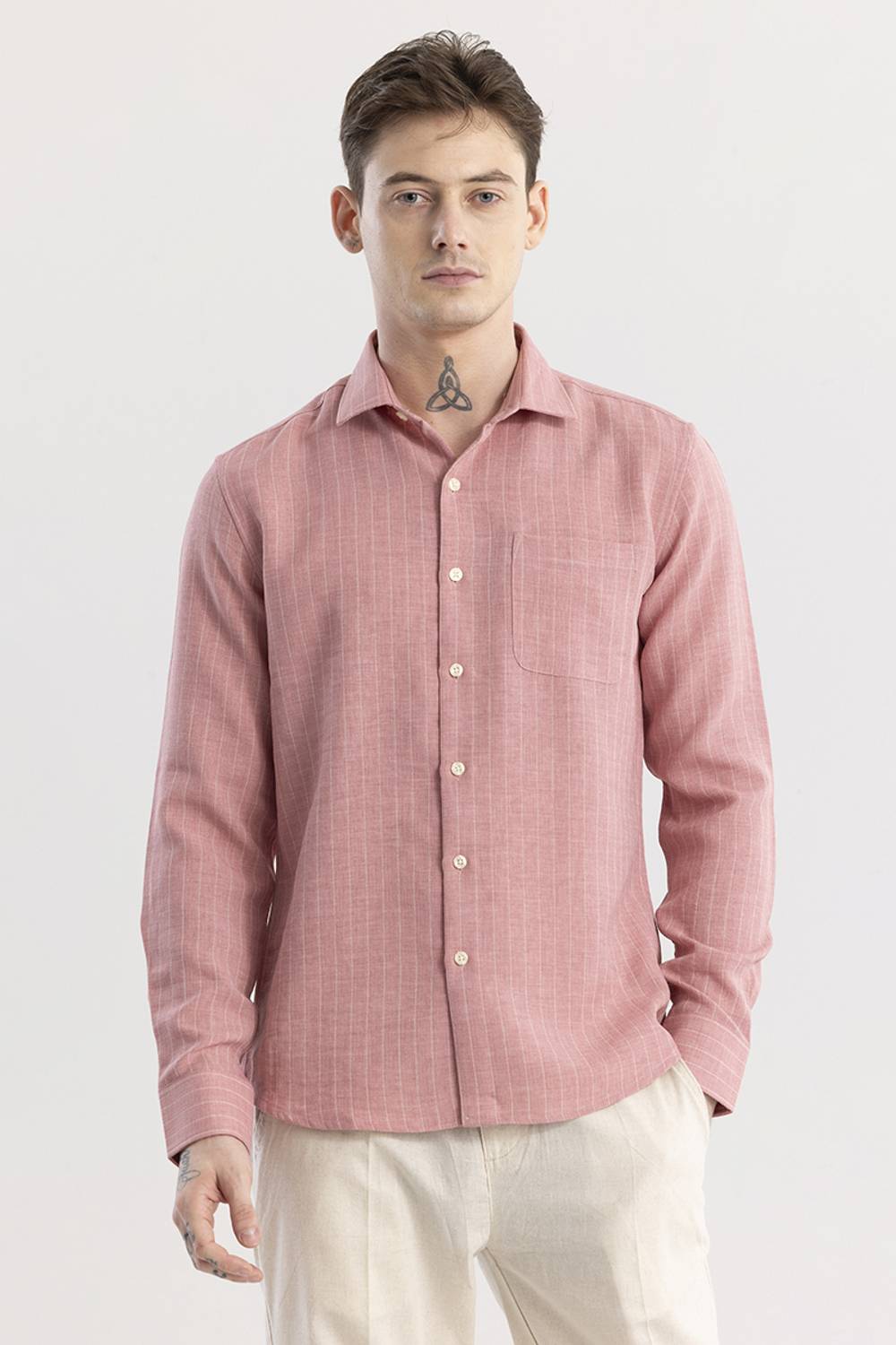 Snitch Men Striped Casual Pink Shirt