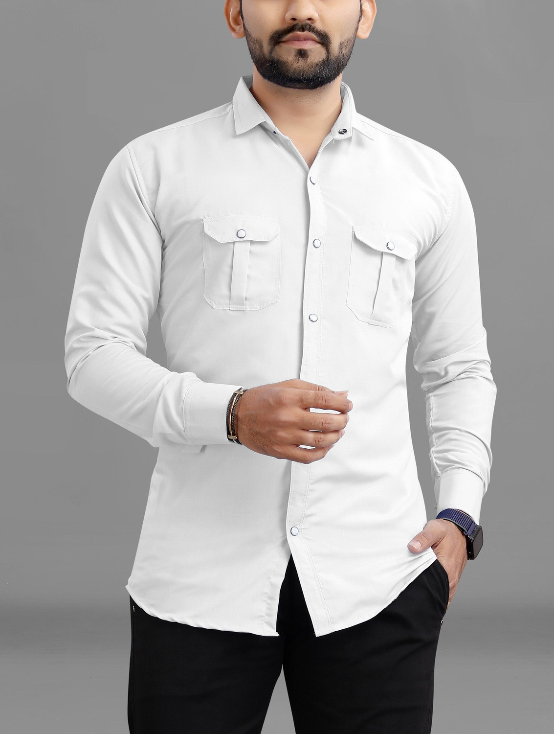Image of RAHUL LOOK Men Solid Casual White Shirt