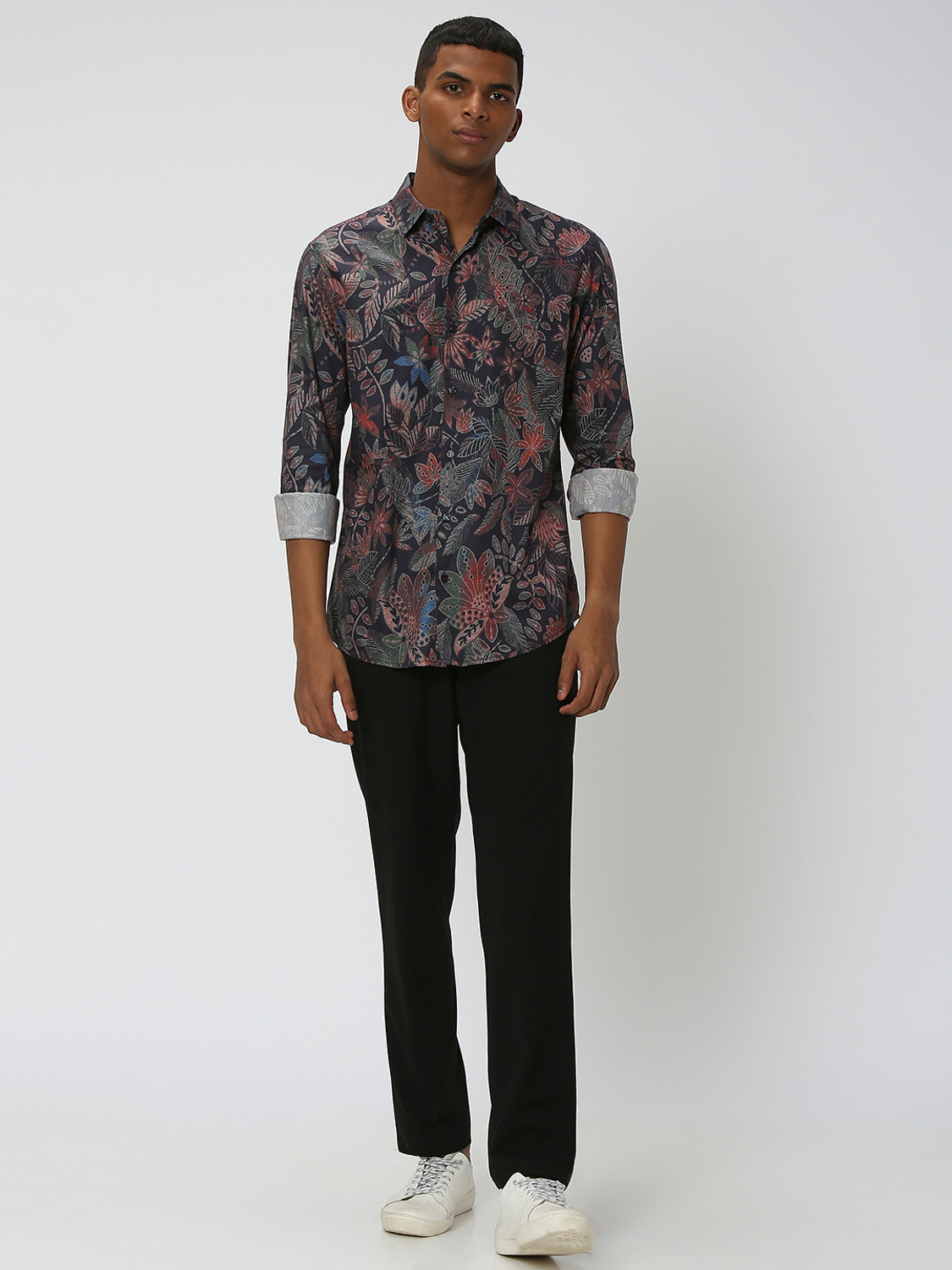 Image of MUFTI Men Floral Print Casual Dark Blue Shirt
