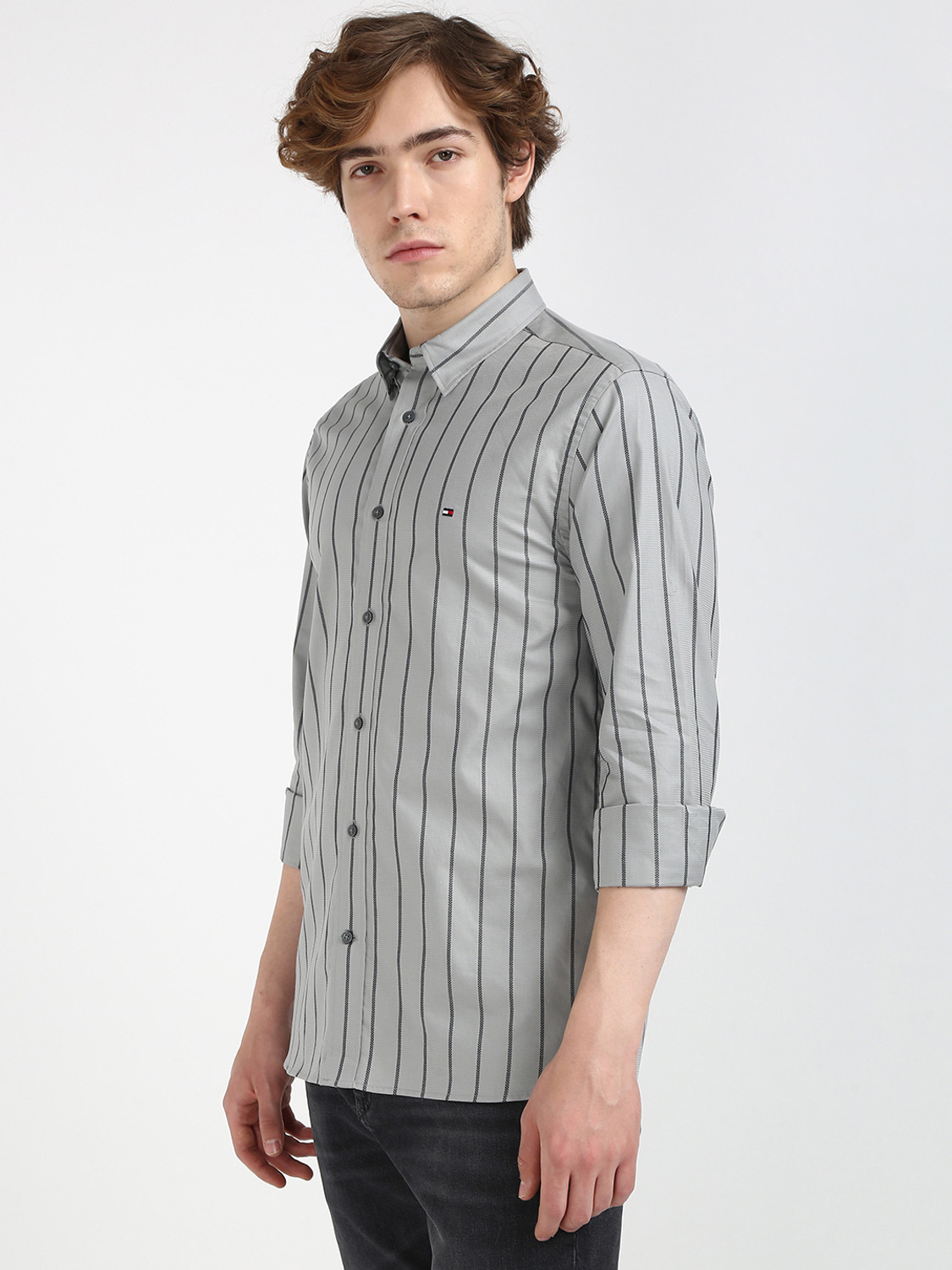 Image of TOMMY HILFIGER Men Striped Casual Grey Shirt