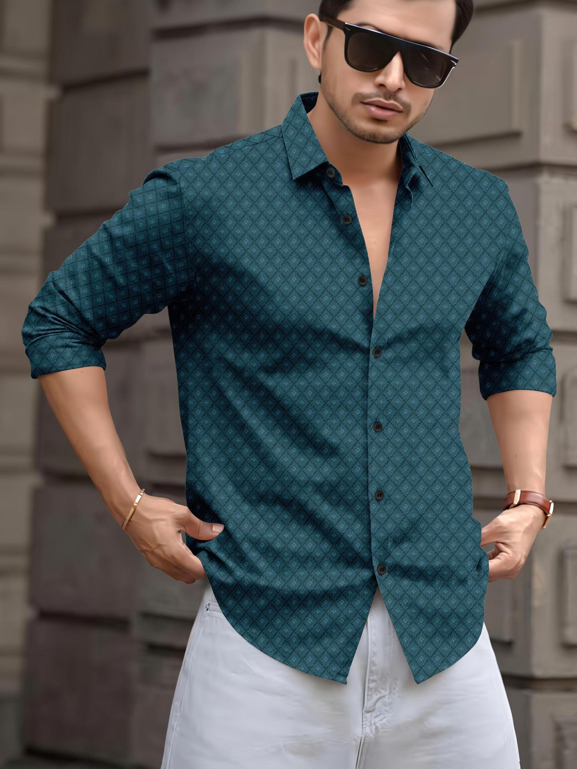 Image of SPOQUE Men Printed Casual Dark Green Shirt