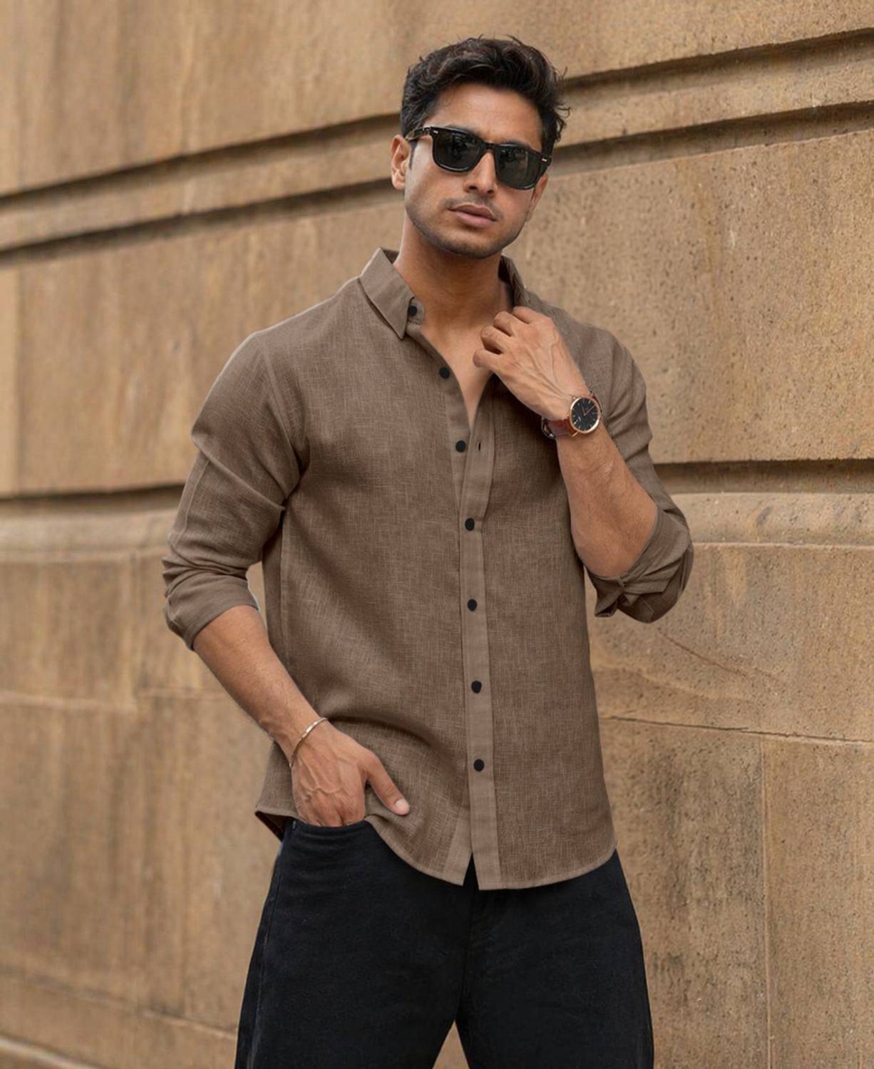 AANKLAR Men Self Design Casual Khaki Shirt