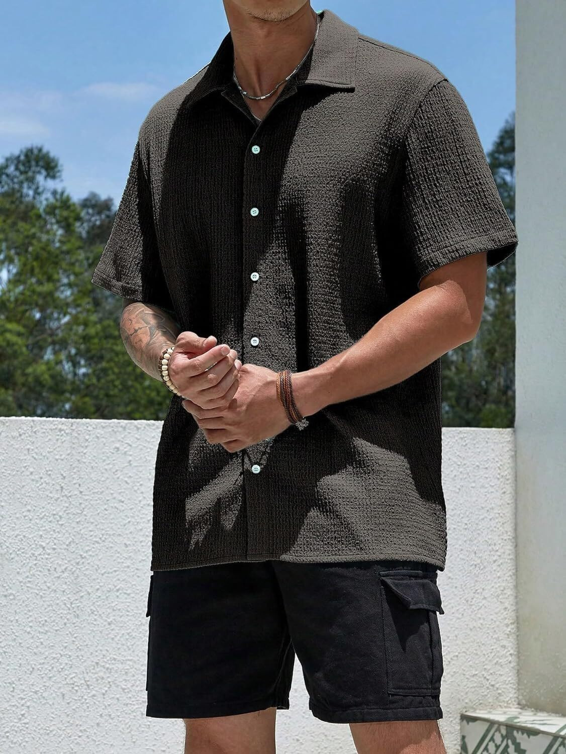 Image of KAJARU Men Self Design Casual Black Shirt