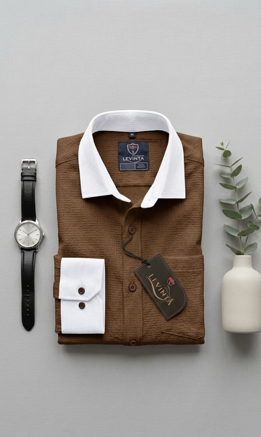 Image of LEVINTA Men Color Block Casual Brown Shirt