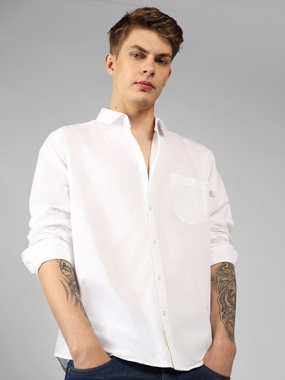 Image of ZEVARO Men Solid Formal White Shirt
