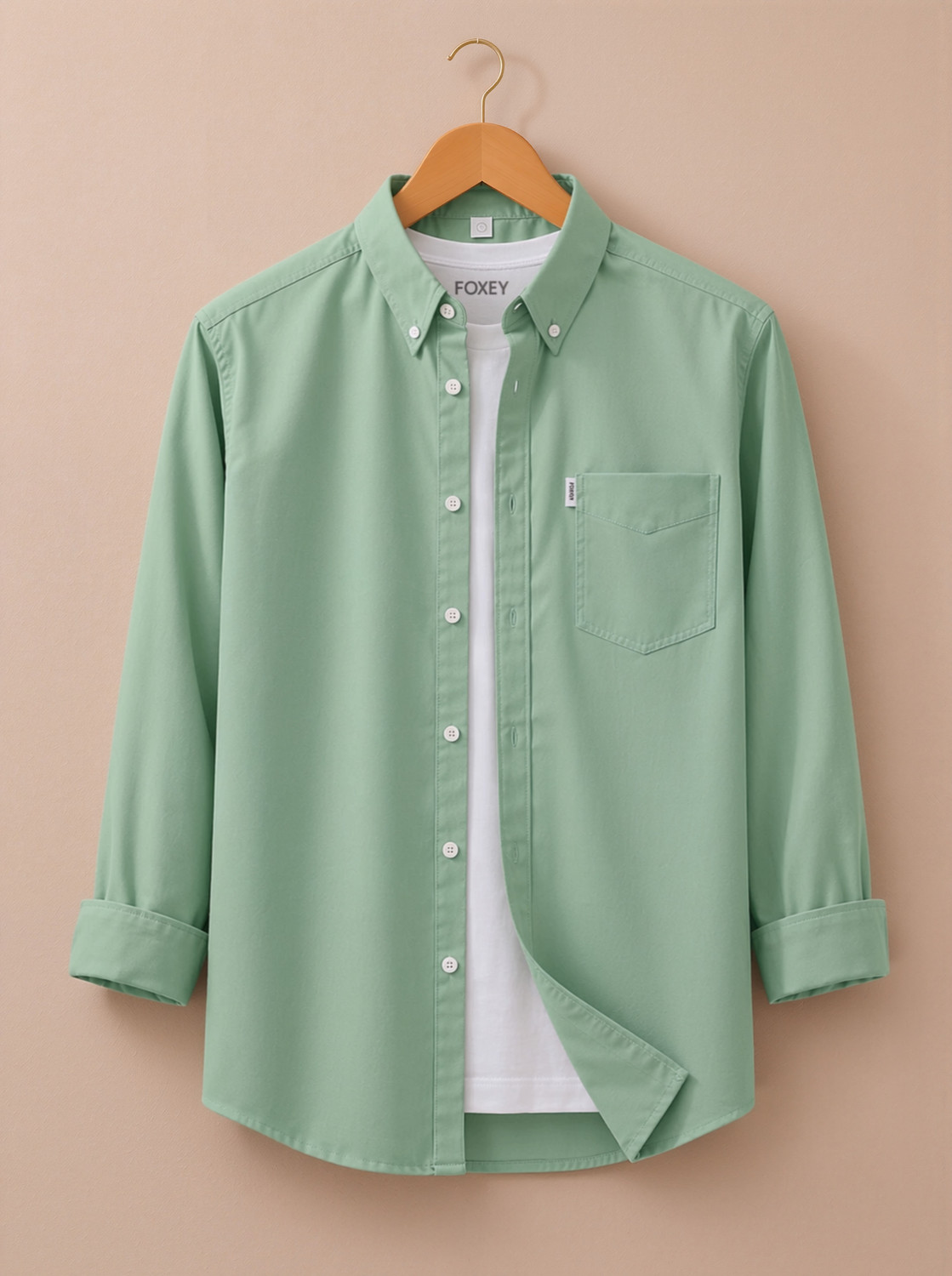 Image of FOXEY Men Solid Casual Light Green Shirt
