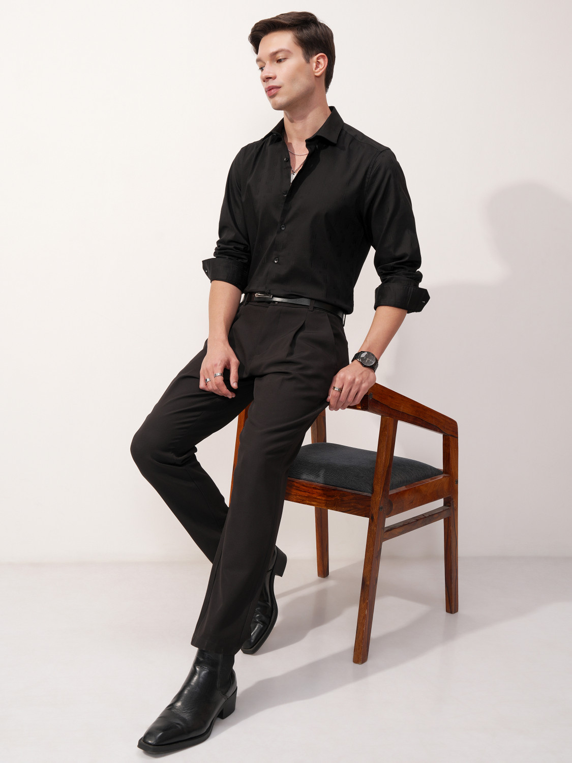 Image of HIGHLANDER Men Self Design Casual Black Shirt