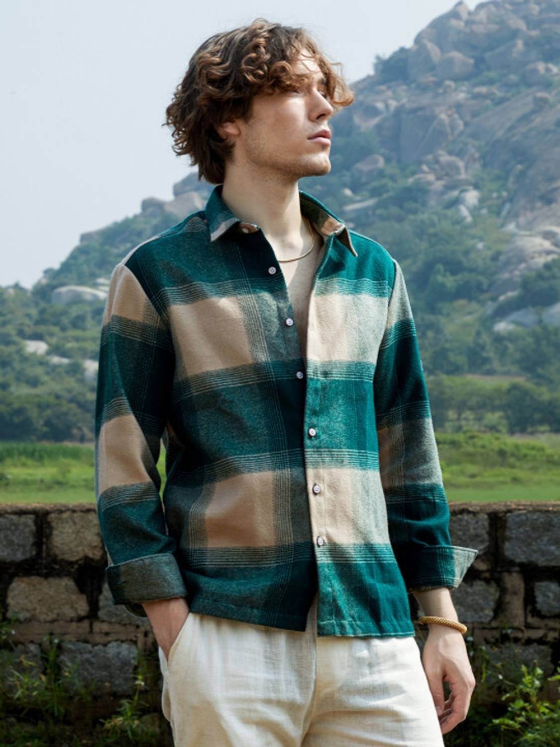 METRONAUT Men Checkered Casual Green Beige Shirt