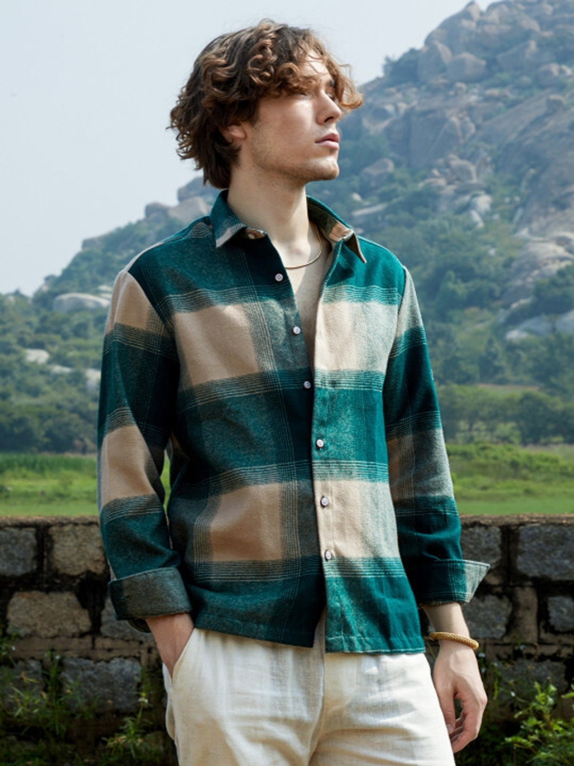 Image of BLEZZA Men Checkered Casual Dark Green, Beige Shirt
