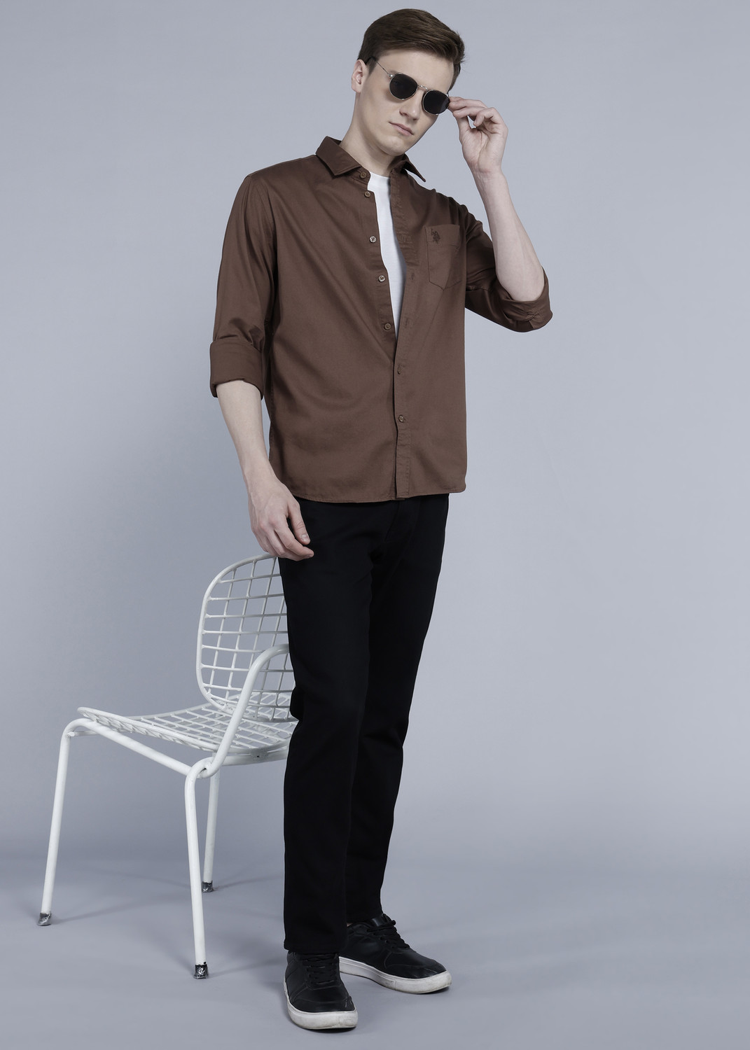 Image of U.S. POLO ASSN. Men Solid Casual Brown Shirt