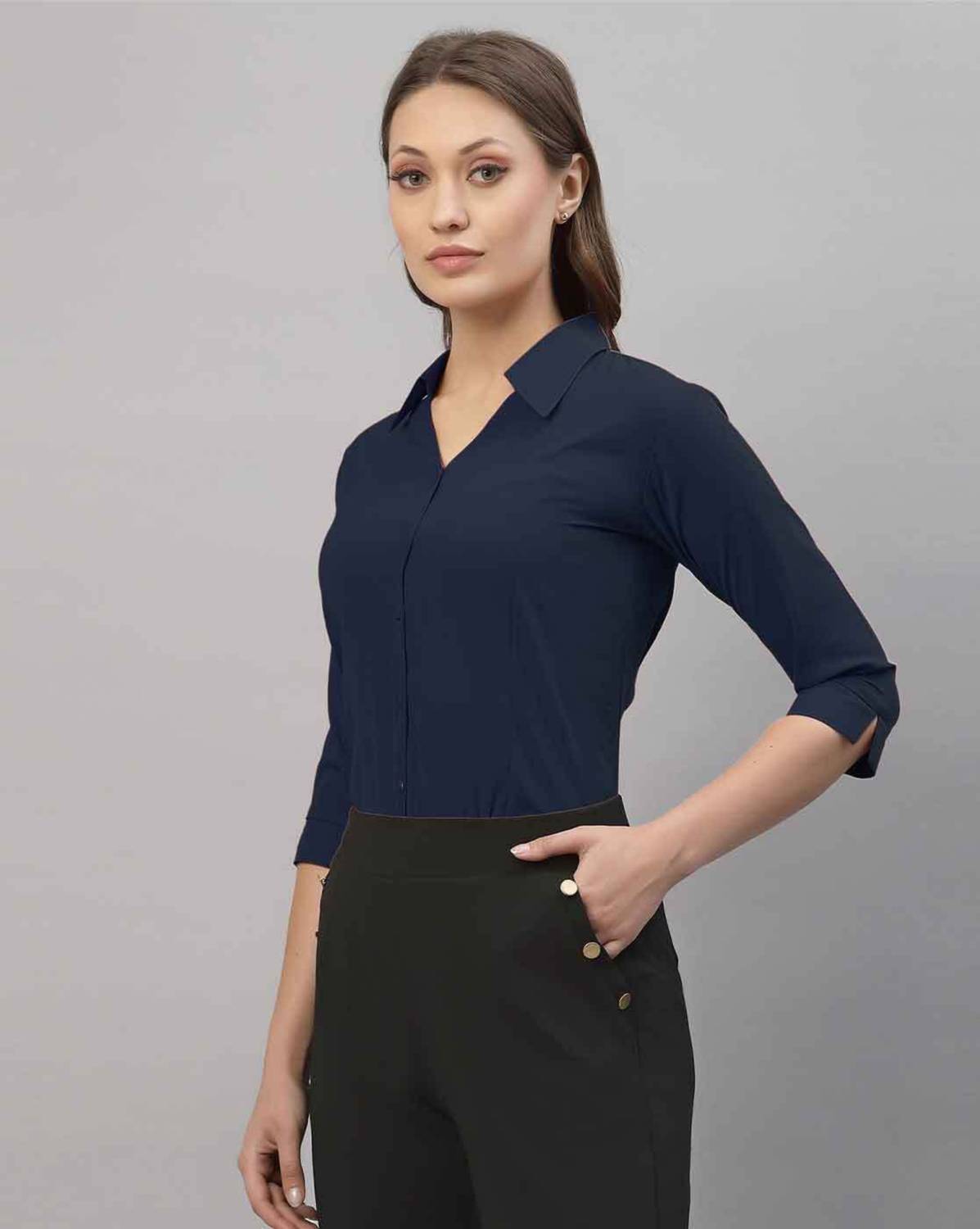 Miss Peach Women Self Design Casual Dark Blue Shirt