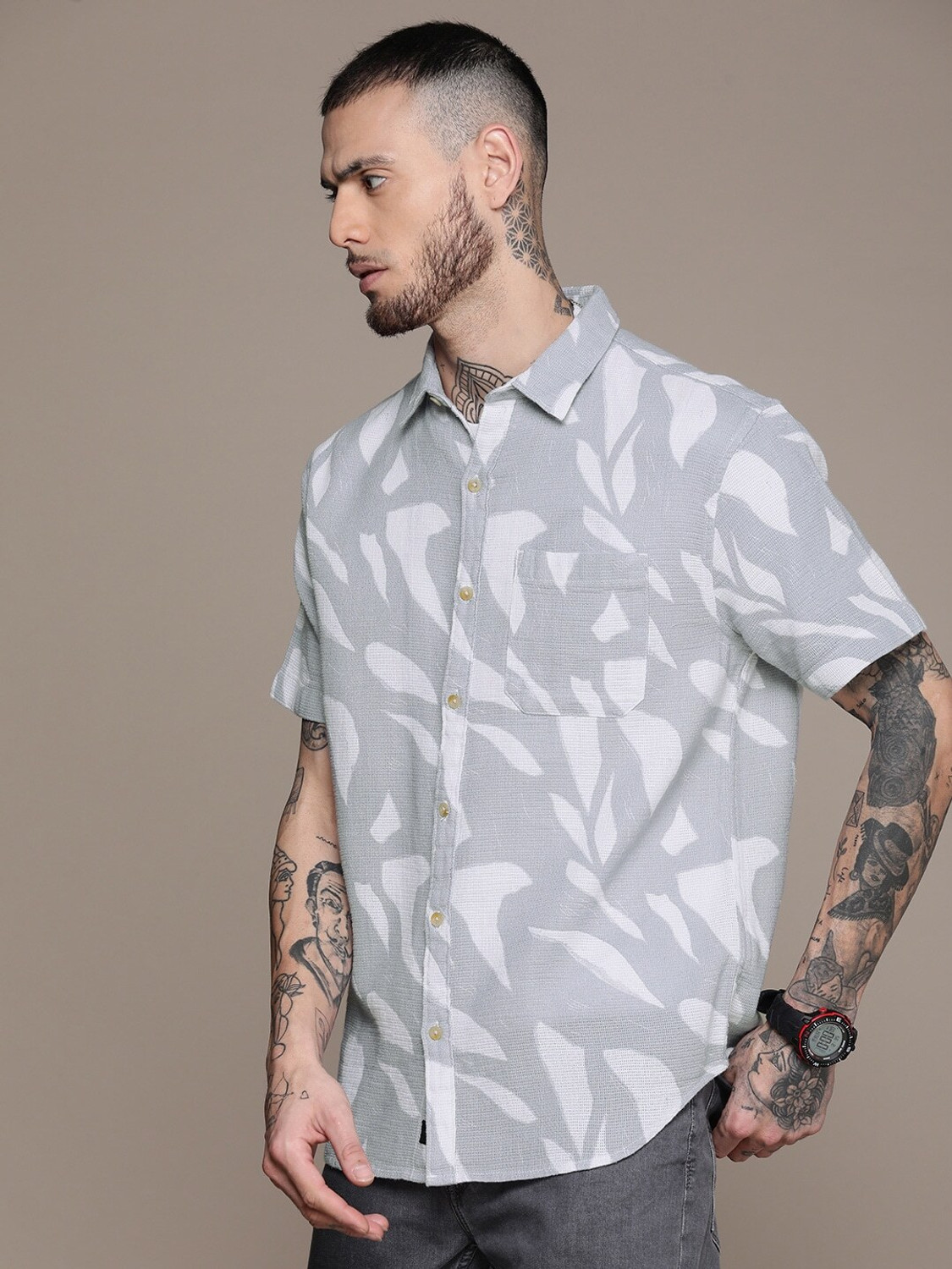 Image of WROGN Men Printed Casual Grey Shirt