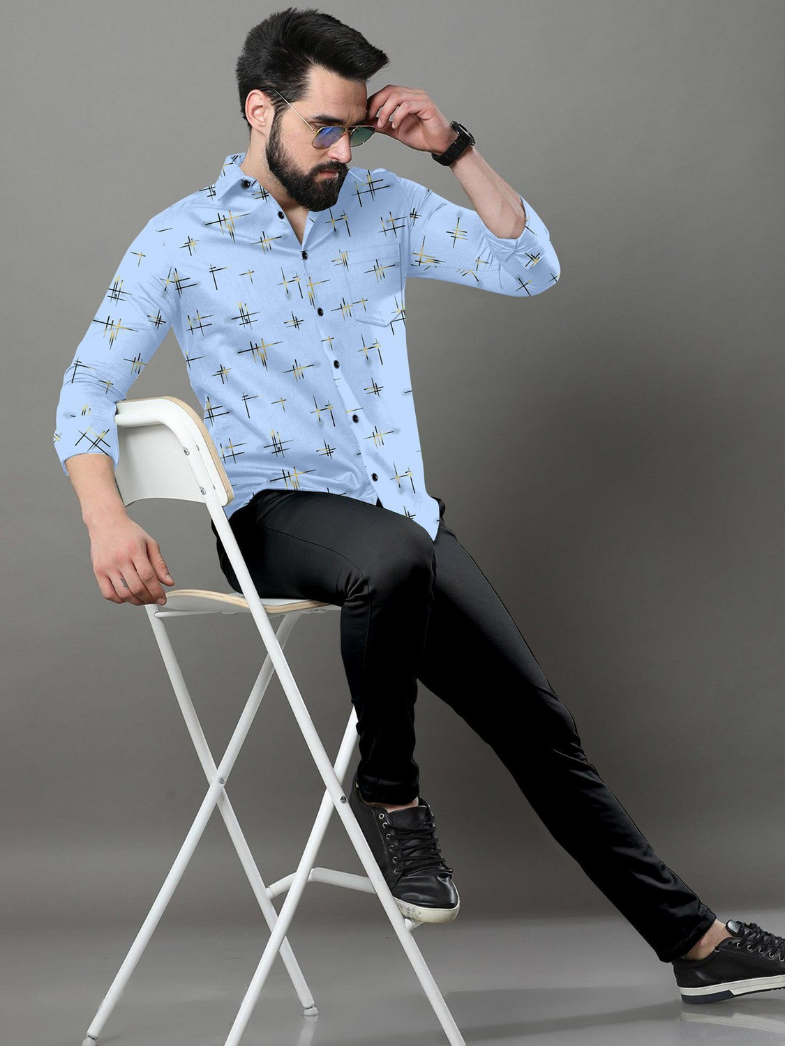 Image of SHUBHFLAX Men Printed Formal Blue Shirt