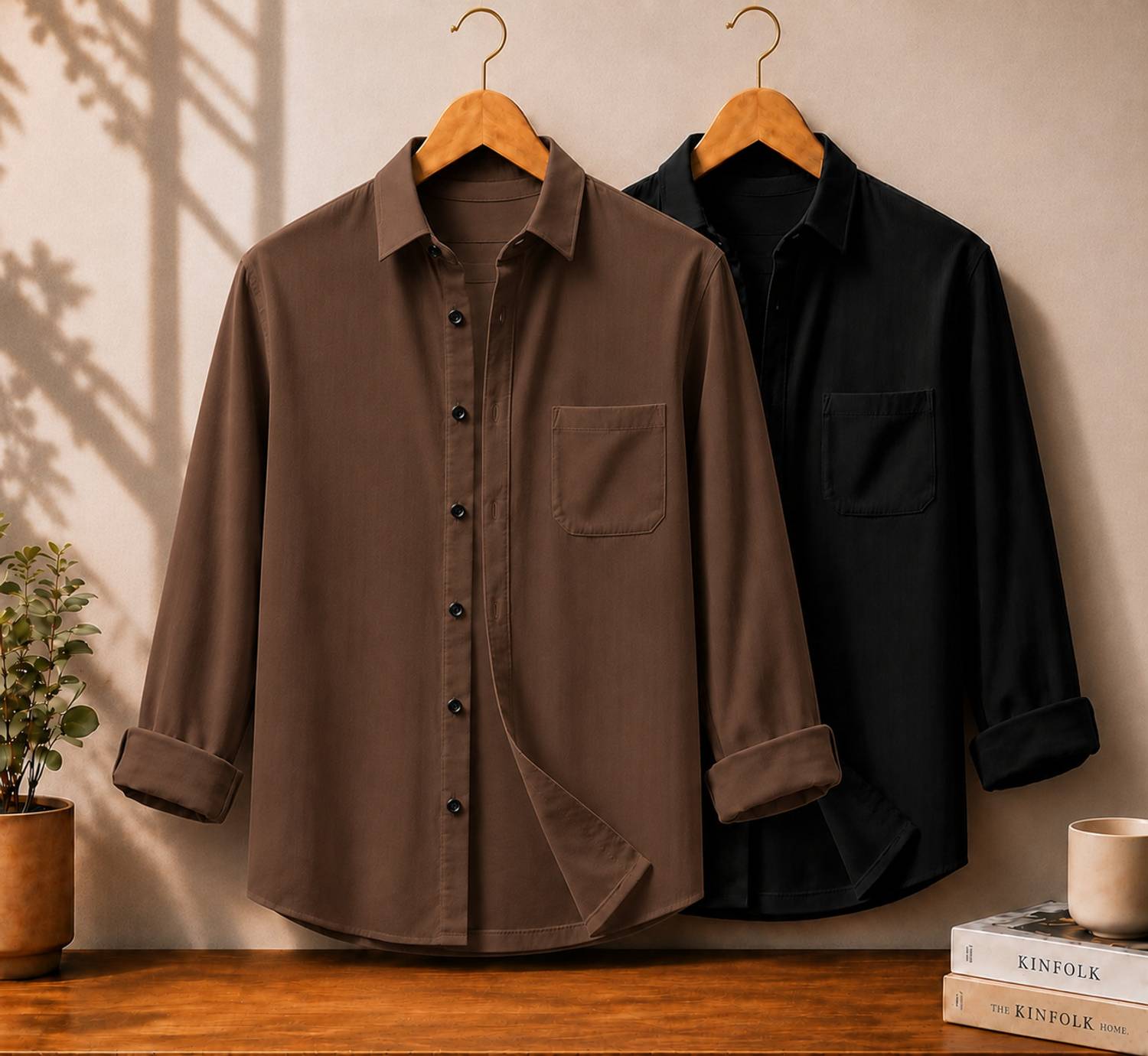 mozero Men Solid Casual Black, Brown Shirt - Image 1