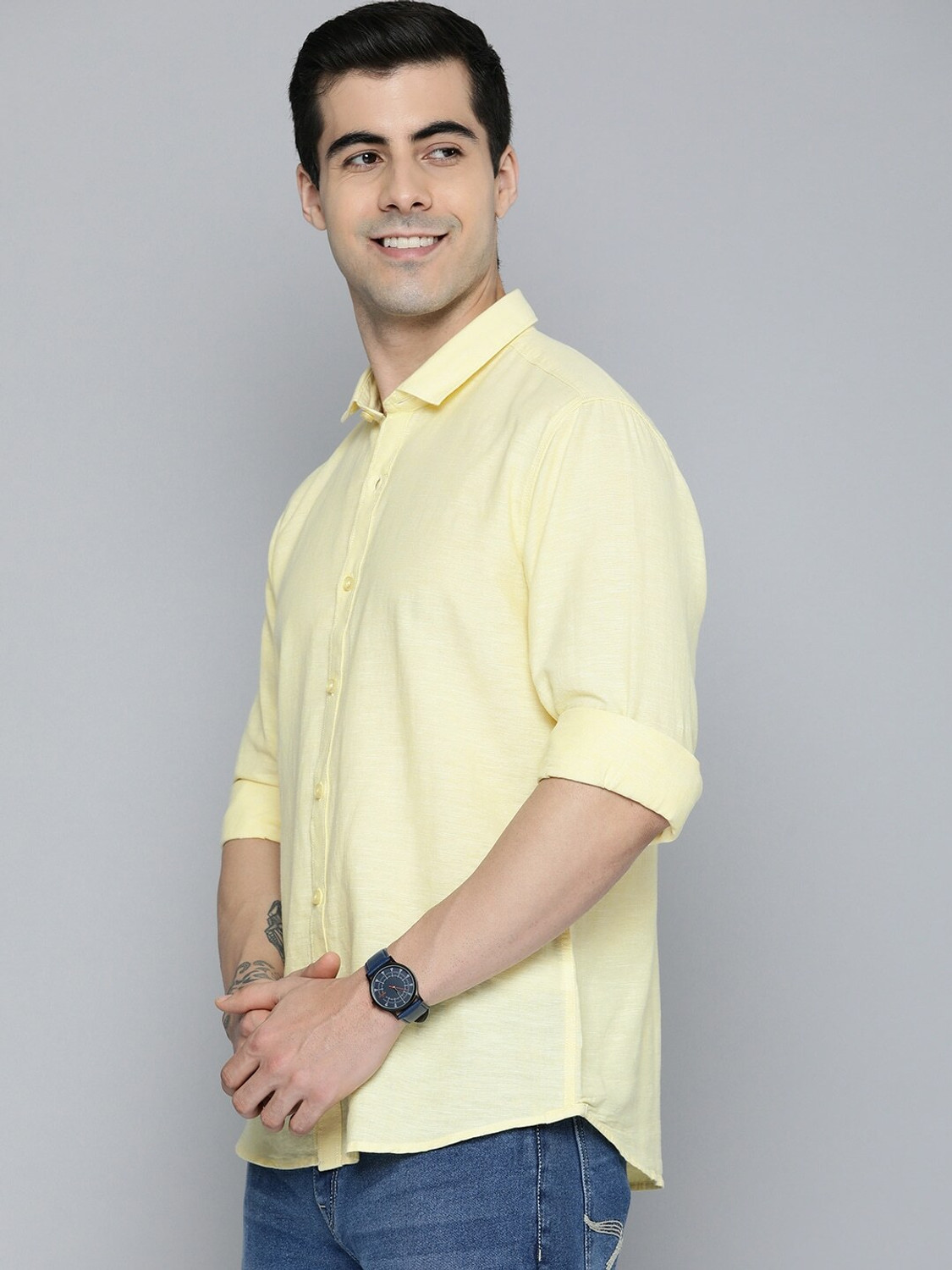 Image of Mast & Harbour Men Solid Casual Yellow Shirt